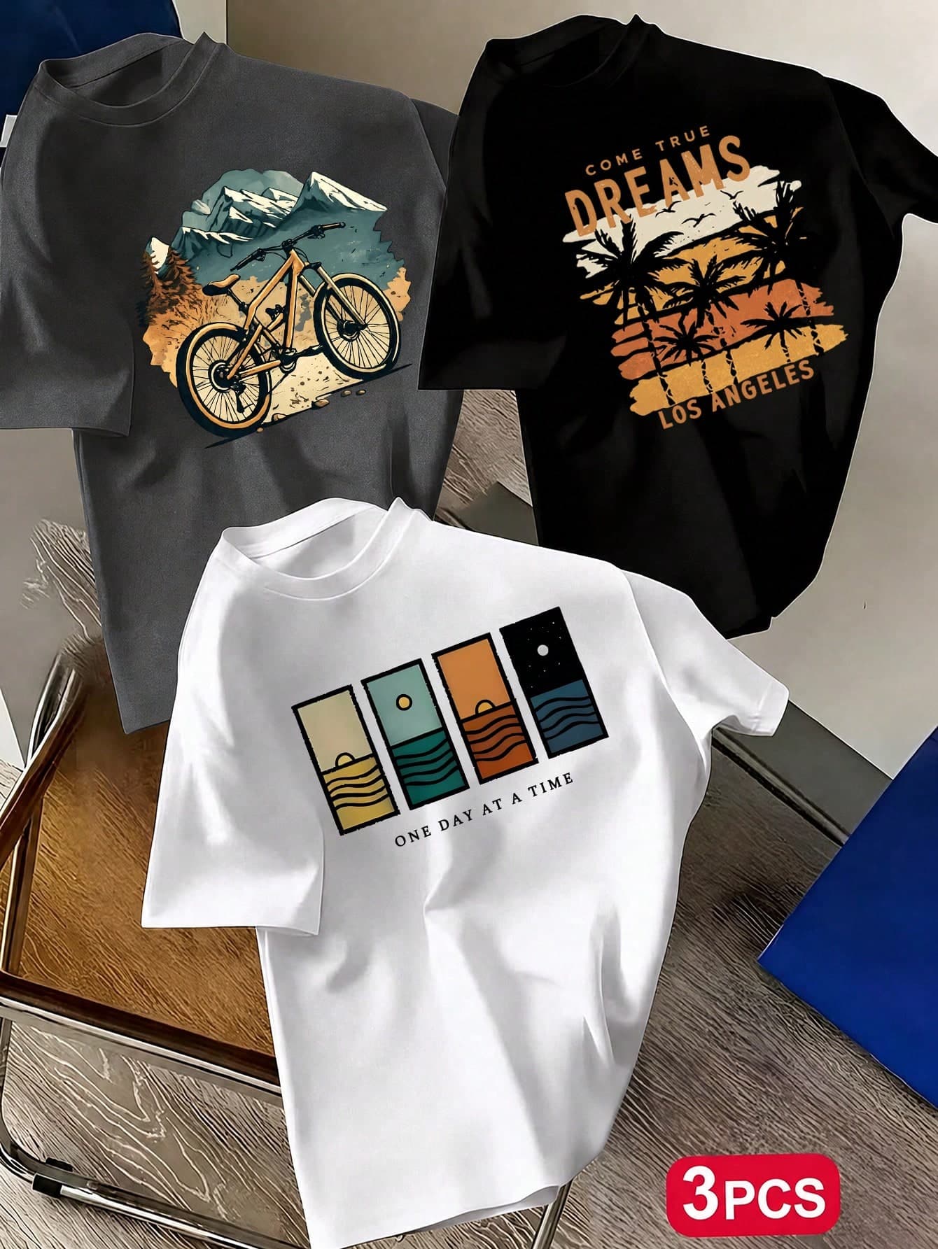 3Pcs/Set Tween Boy Casual Vintage Landscape Print Outfit, Mountain Bike, Sunset, Beach Themed Design, Versatile Daily Wear Kids Clothing, Breathable