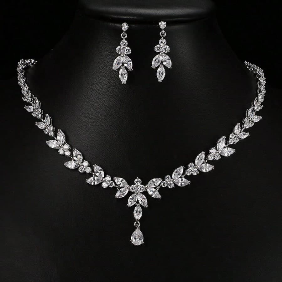 2pcs Luxury Copper & Cubic Zirconia Inlaid Women's Silver Necklace And Earring Set, Suitable For Party Wedding Gift