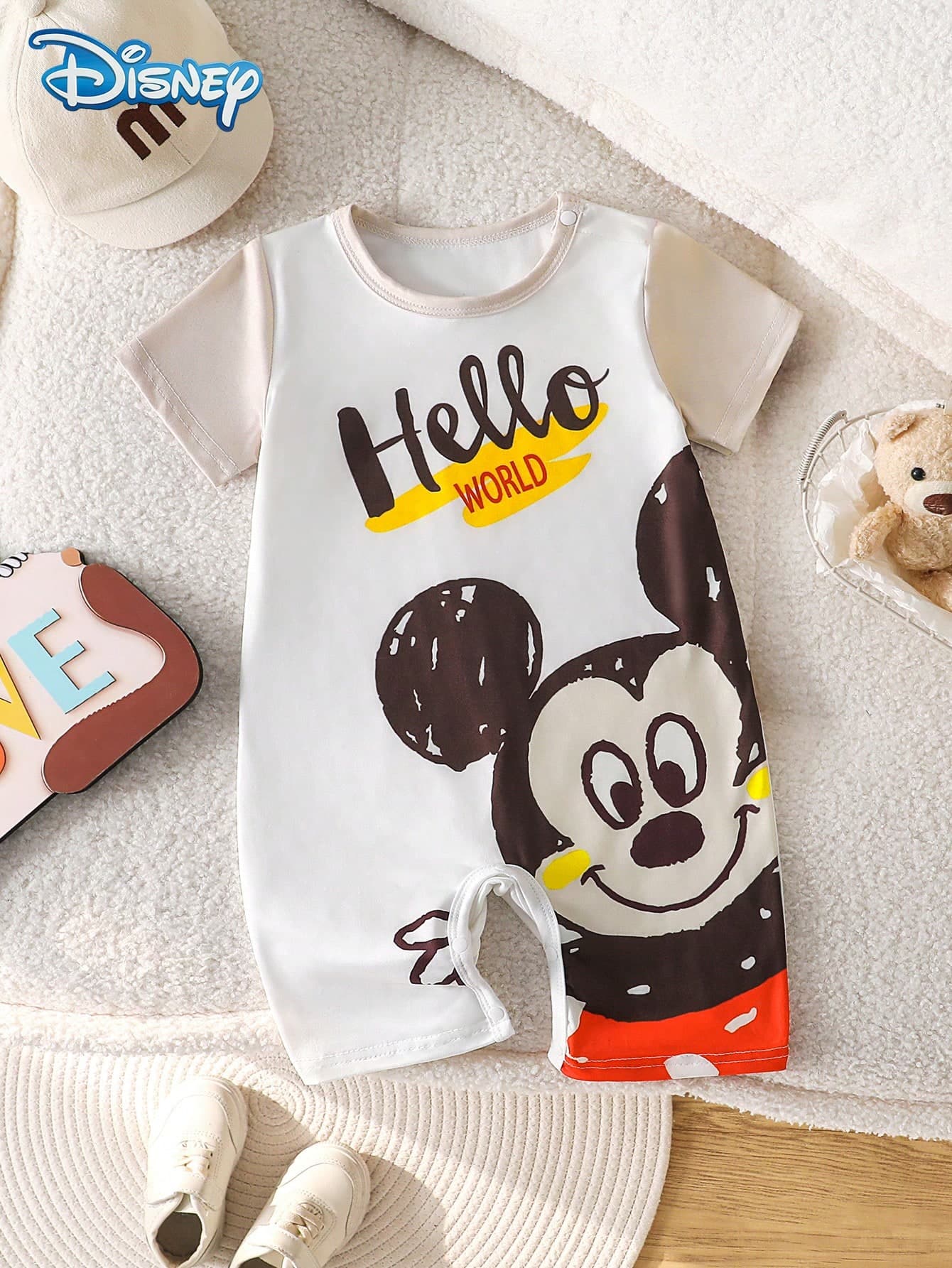 Disney Baby Boy Summer Short Sleeve Round Neck Mickey Mouse Big Head Print White & Apricot Color Block Romper, Clean Cut Leg Design, Easy On/Off, Cute Crawler Suit, American Casual Style, 0-1 Years Old, Neat Outfit