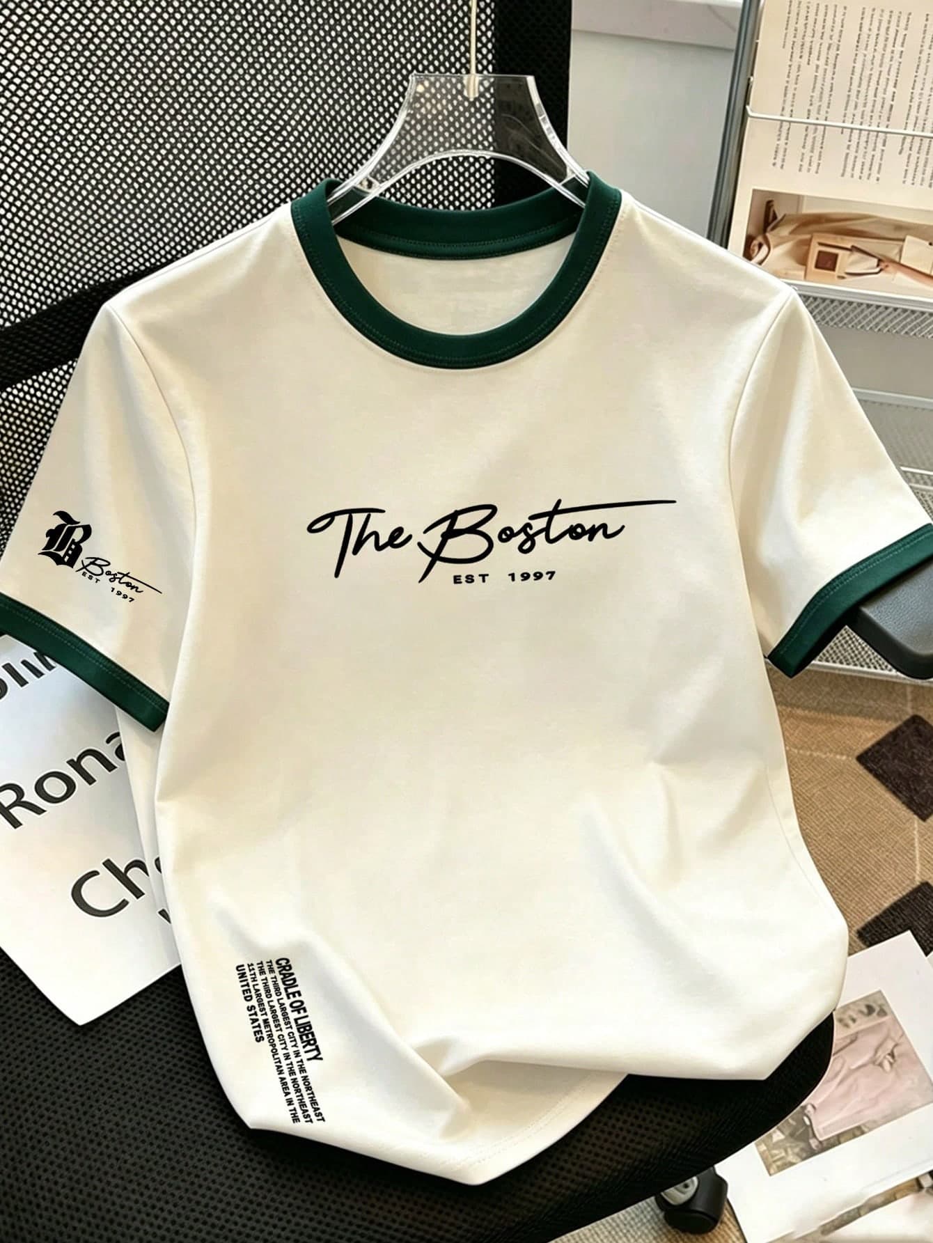 Boys' Short Sleeve Crew Neck T-Shirt, Colorblock Trim Printed With "The Boston" & EST 1997, Breathable Casual Style, Suitable For Daily And School Wear