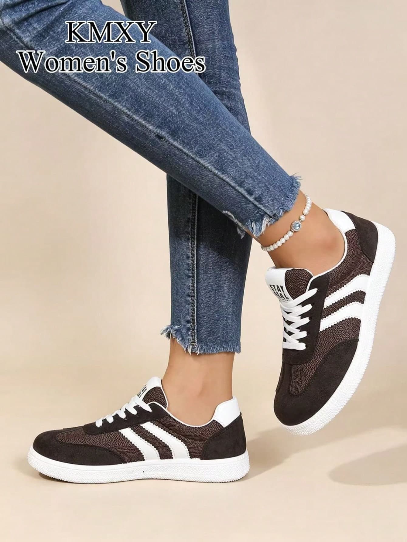 KMXY 2026 New Women Flat Casual Sneakers, Round Toe Lace-Up Outdoor Versatile Lightweight Trainers, Spring/Autumn, Easy To Clean, Flat Low-Top Casual Shoes, Contrast Color Sports Casual Shoes, Retro Style Skateboard Shoes, Fashionable All Season