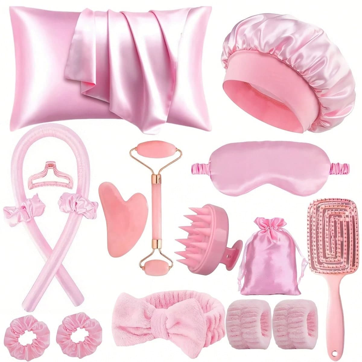 17pcs Hair Styling Tool Set, Plush Headband - Plush Wristbands For Bathing, Sleep Pillowcase, Eye Mask, Shower Cap, Hair Brush, Hair Comb, Facial Massager, Heatless Curlers Suitable For Overnight Curling And Sleep
