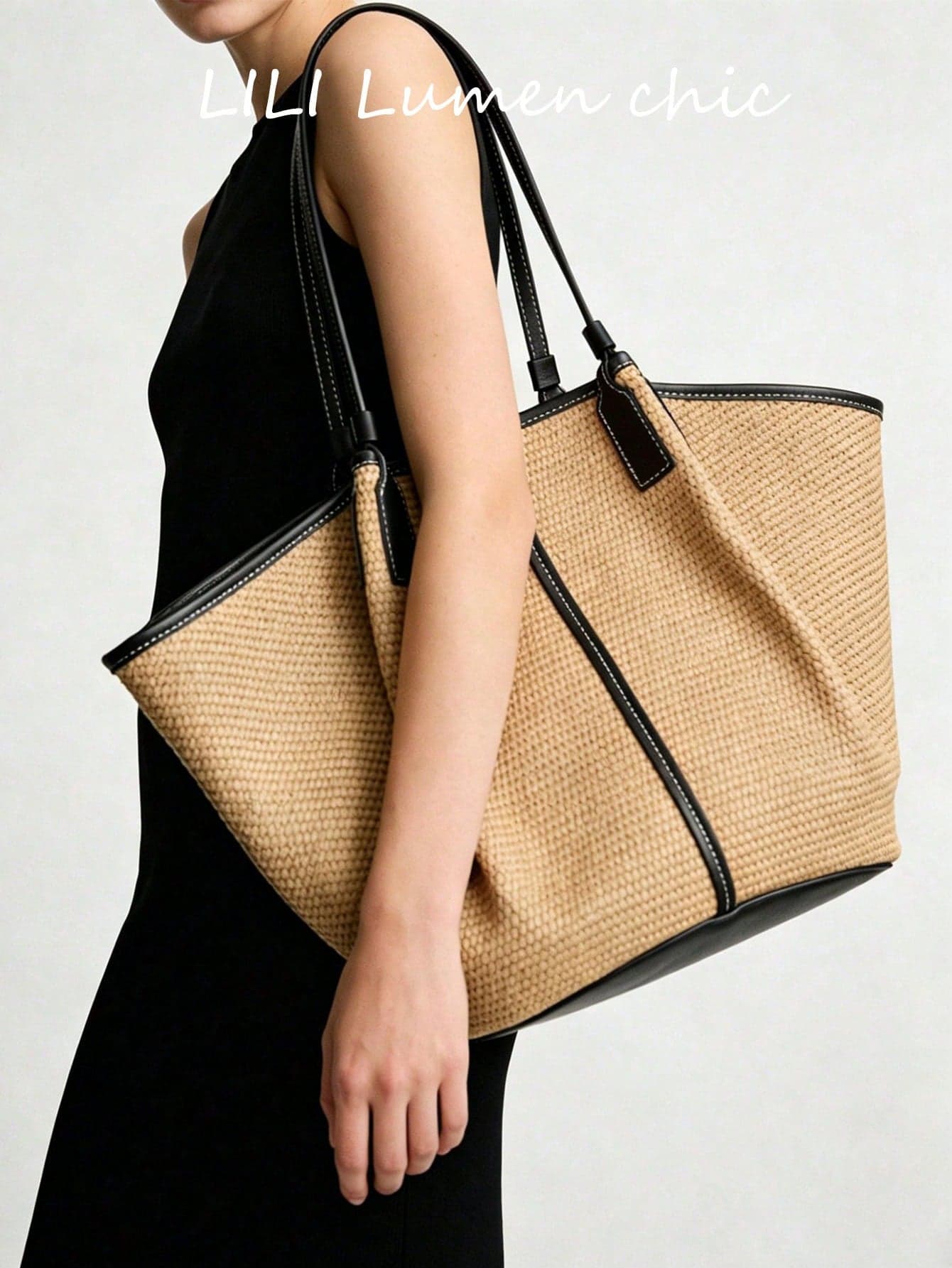 Fashion Solid Color Straw Woven Tote Bag, Black PU Trim, Open Top Shoulder Bag, Bohemian Style Beach Vacation Handbag, Essential Item For Spring/Summer Beach Vacation And Resort Travel Enthusiasts, Perfect For Beach Trips, Pool Time, Weekend Getaways And Island Vacations