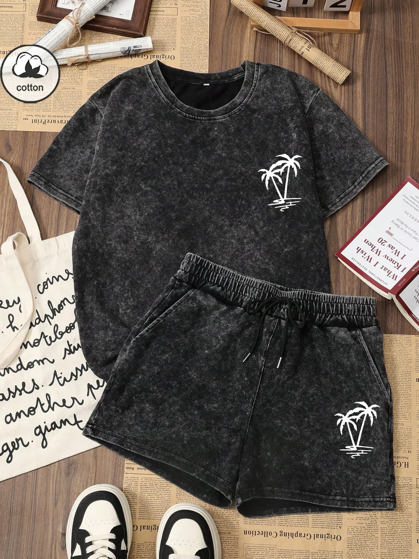ZZG Es Trus Cotton, Summer Women's Island Palm Tree Pattern Print Street Y2k Clothing Black Top Short Sleeved Plus Size T-Shirt Shorts Two Pieces Elegant