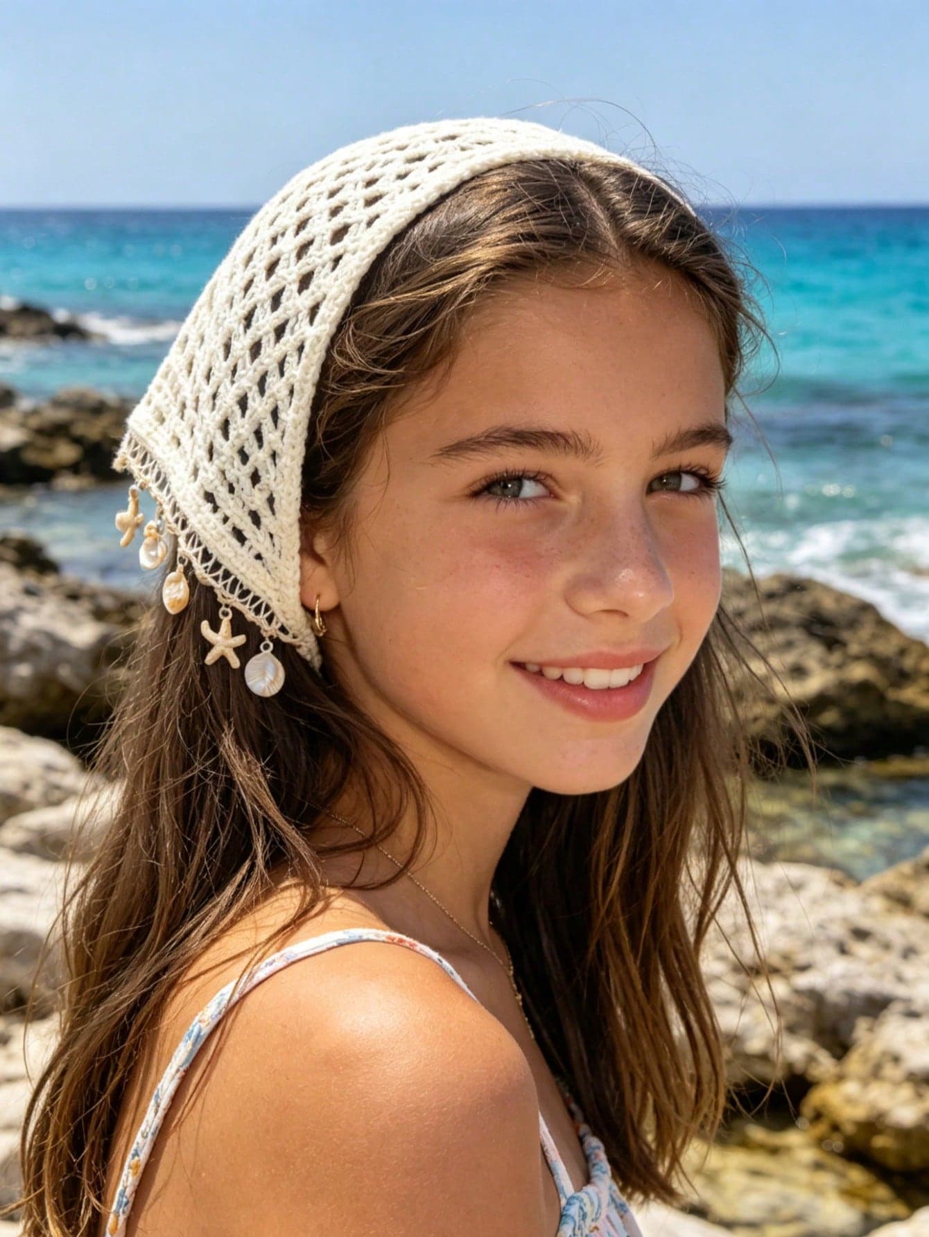 1pc Spring/Summer Beach Vacation Style Beige Hollow Crochet Triangle Headband With Starfish, Shell, Conch Pendant And Tassel, Knitted Headwrap, Sweet Girl Beach Photo Prop, Cute Hair Accessory