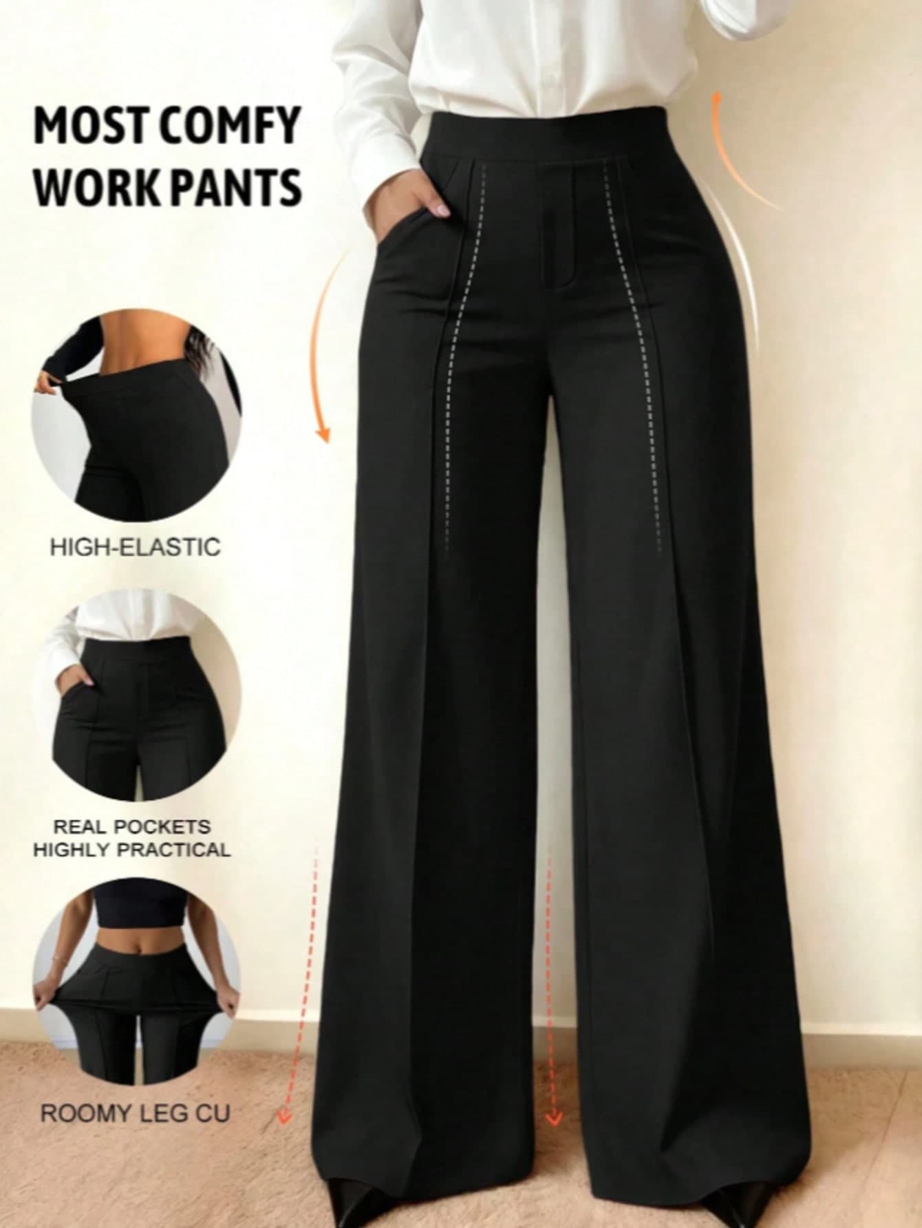 Plus Size Black Everyday Multi-Purpose Commuter Minimalist Style Solid Color Wide Leg Pants, With Pockets And Stitching Details To Shape Leg Lines. Women's Wear,