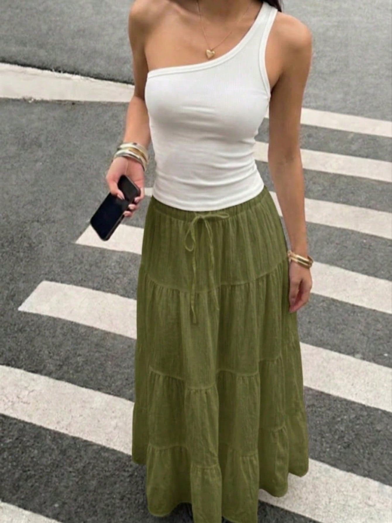 Women's Casual Holiday Multi-Layer Tiered Skirt, Suitable For Summer Wear, White Multi-Layer Long Skirt, Drawstring Skirt, Summer Fashion Skirt