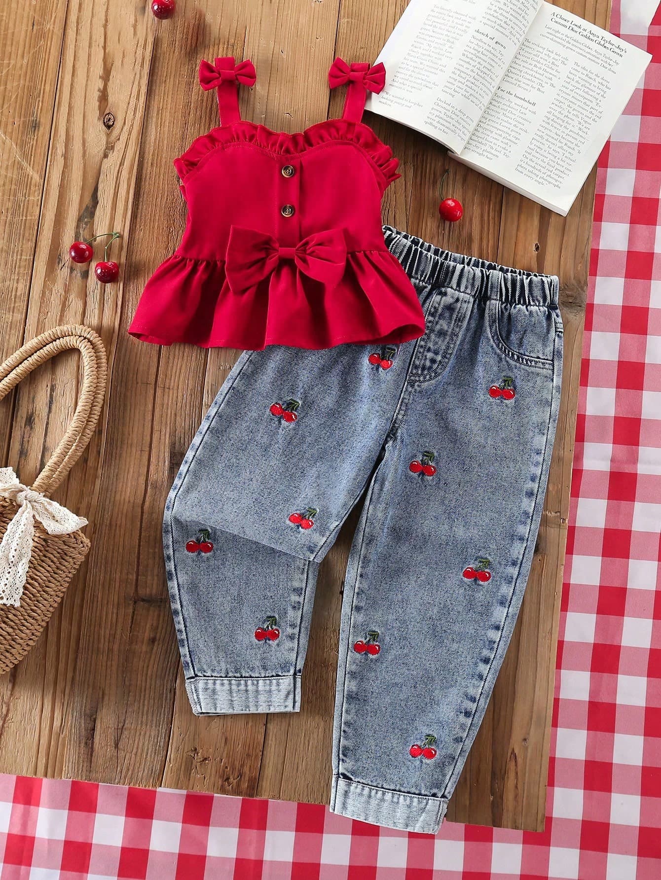 2pcs/Set Young Girl Outdoor Minimalist Sweet Cute Energetic Fashion Vibrant Red Bow Button Strap Top And Vintage Distressed Blue Cone Denim Jeans Set