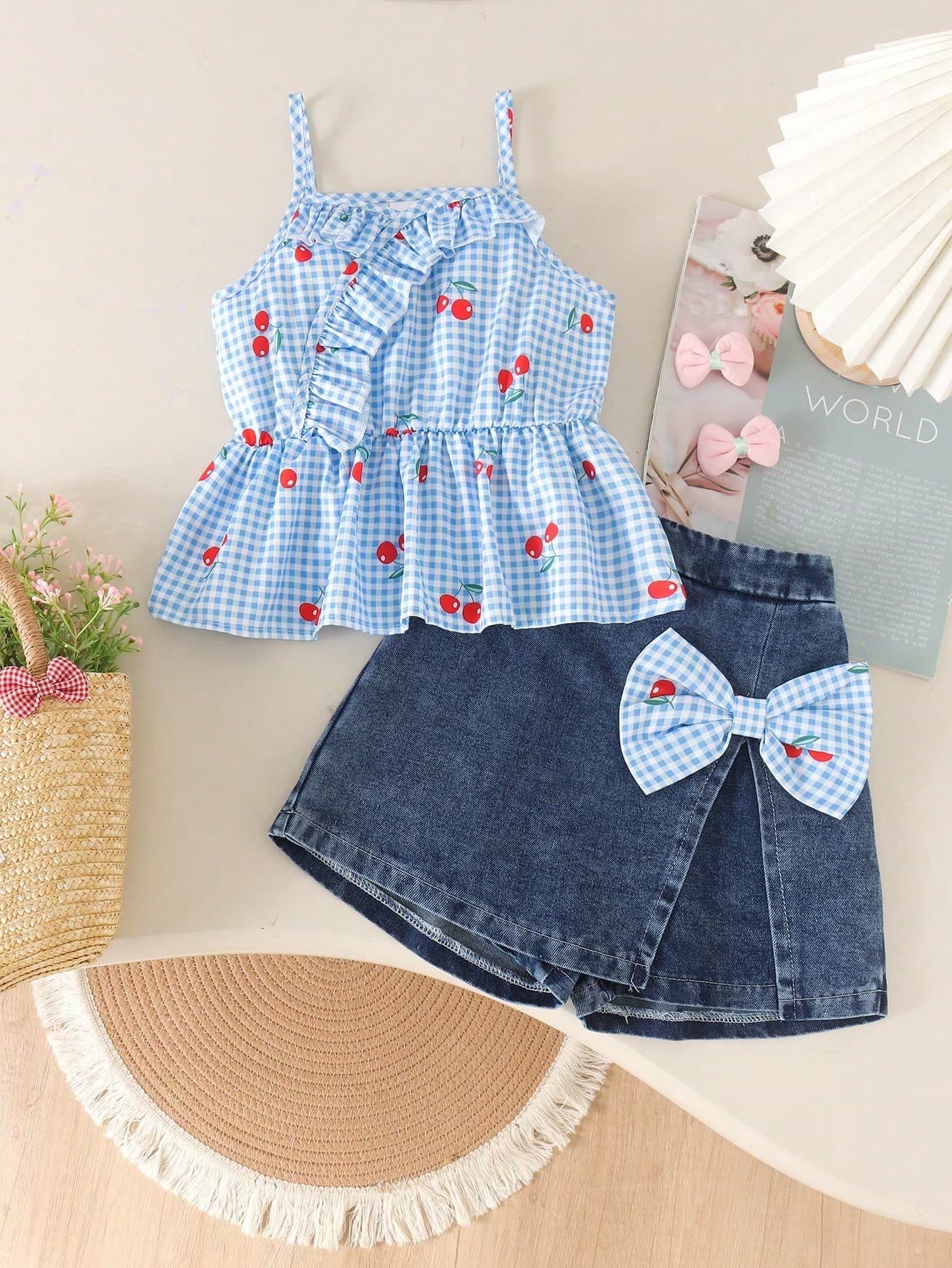 2pcs/Set Toddler Girls' Cute & Sweet Colorful Ruffle Trim Camisole Top + Denim Skirt Shorts Set, Summer Outfit Suitable For Beach Vacation