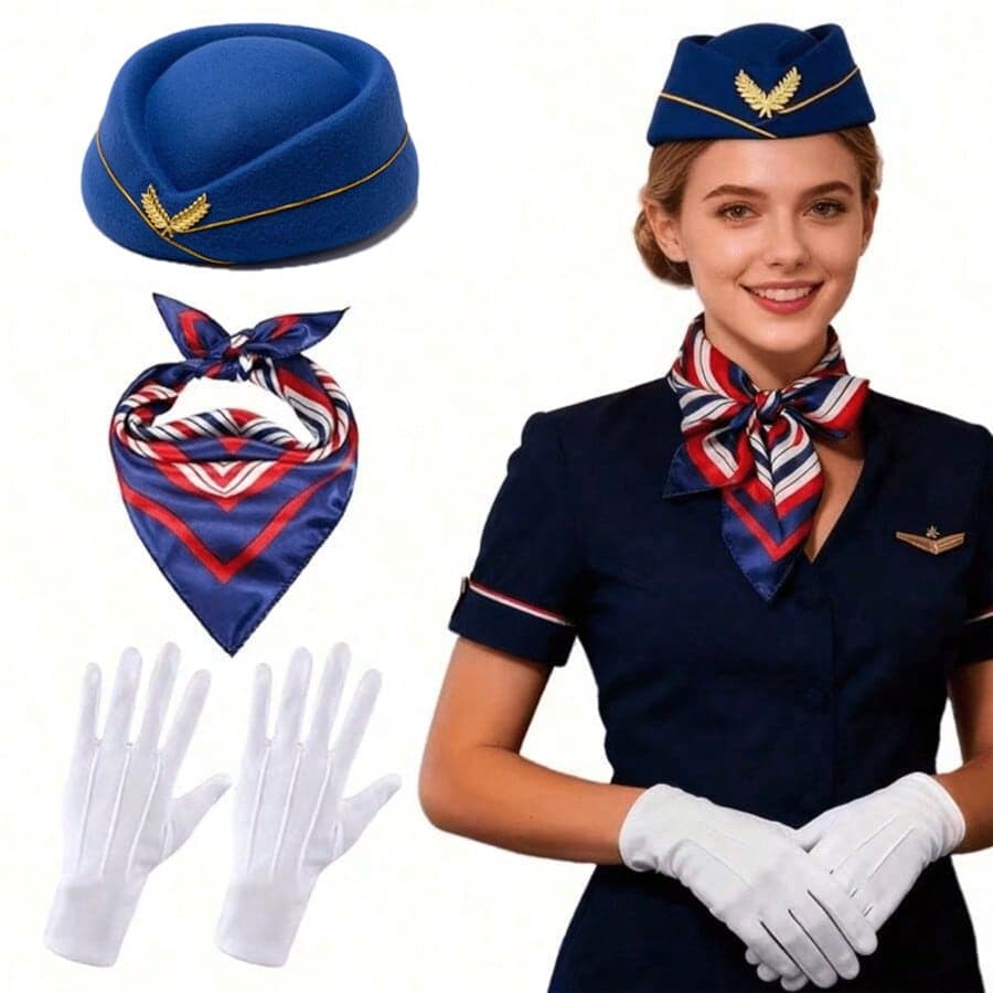 5pcs Flight Attendant Accessory Set, Suitable For Matching Summer Flight Attendant Uniform, Can Be Used For Parties And Other Occasions, Including Flight Attendant Hat, Gloves, Scarf And Brooch. Also Suitable For Dance, Music Festivals And Holiday Events. Flight Attendant Uniform Hat Accessory Set Flight Attendant Role Play Cosplay Costume Props