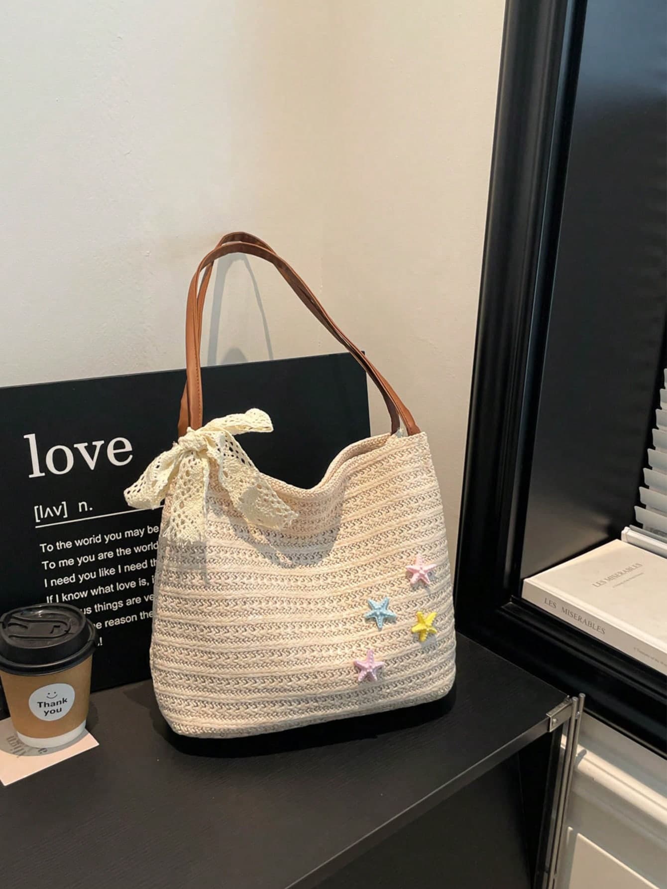 Summer New Straw Woven Tote Bag For Women, Large Capacity Starfish Woven Shoulder Bag, Beach Vacation & Commute Bag