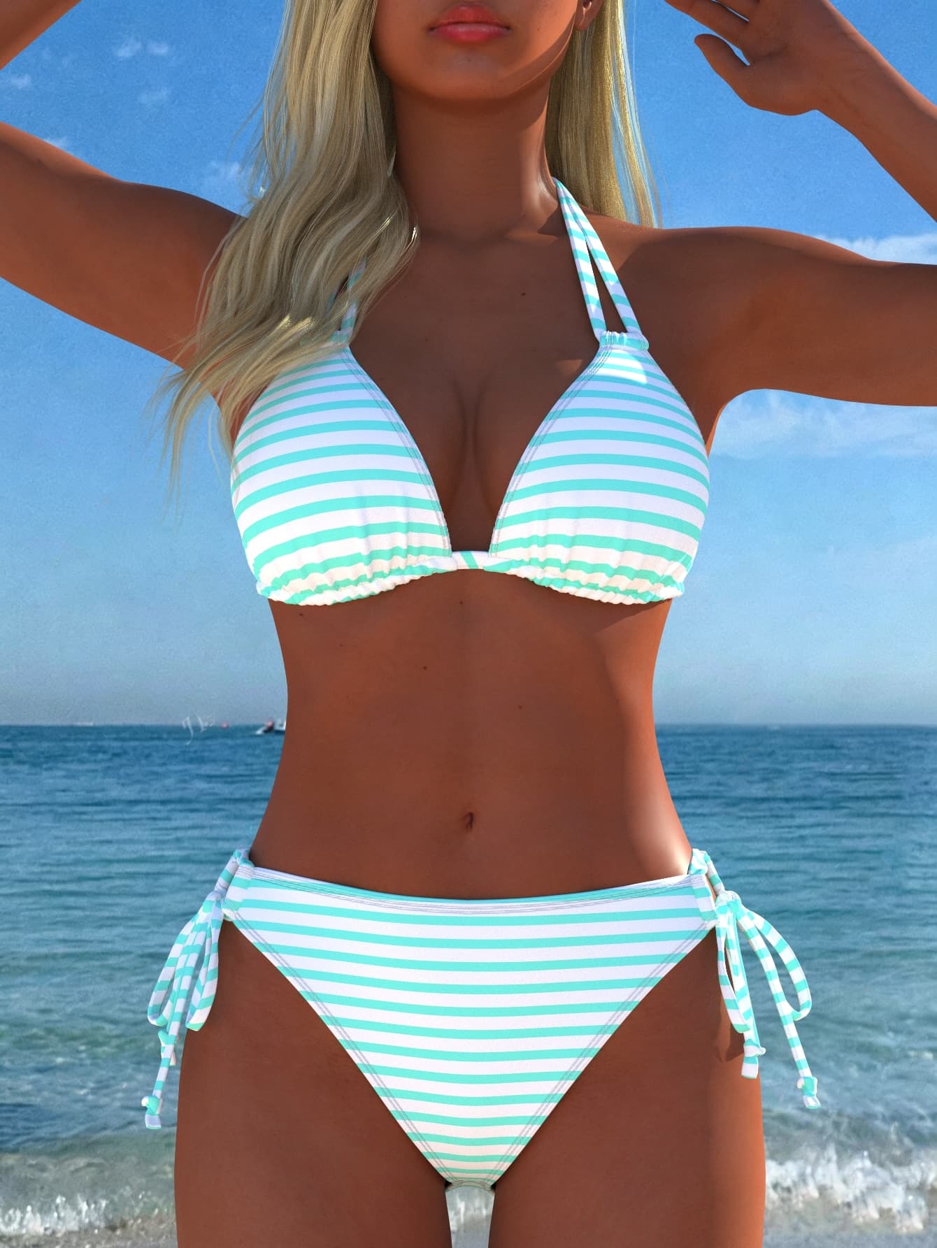 Women's Sexy Halter Striped Bikini Set, Side Tie Casual Beach Swimwear, Holiday Summer Vacation Travel Outfit New Arrival
