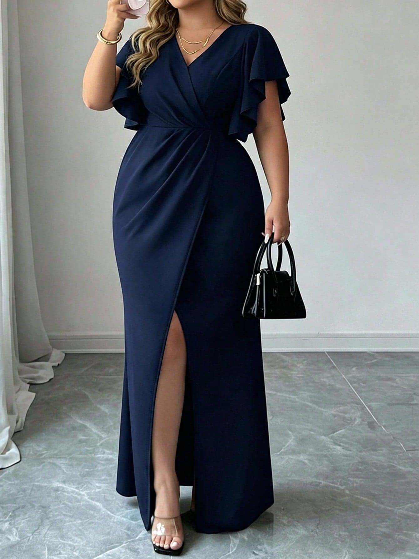 Elegant Plus Size V-Neck Long Wrap Dress, Batwing Short Sleeves, Front Slit Hem, Suitable For Women's Formal Party Summer