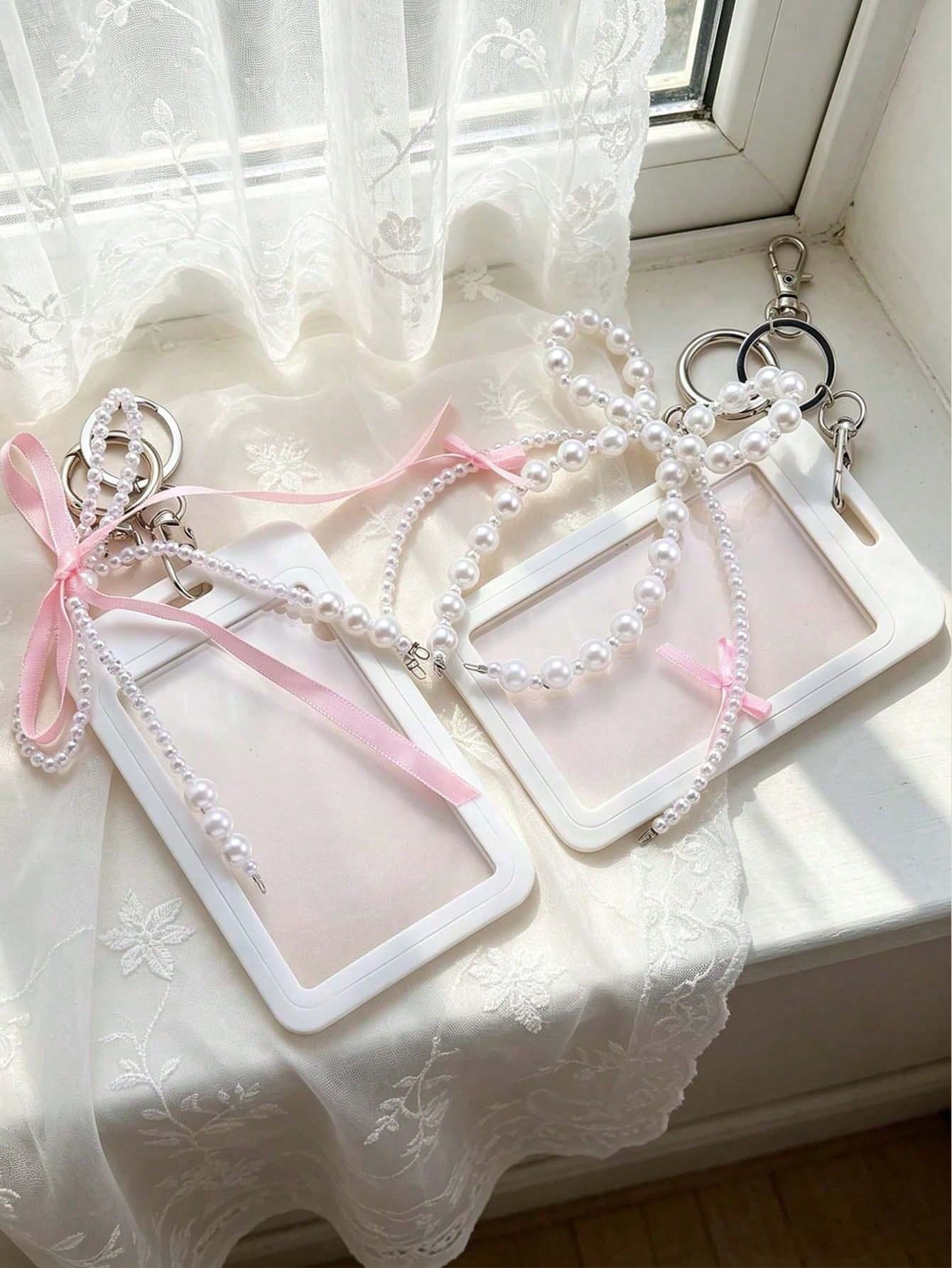 Cute Bow Card Holder With Pearl Bow Keychain, Fashion Y2K Style Women's Card Holder, Sliding Retractable Card Sleeve, Photo Card Holder, DIY Keychain Bag Charm, Elegant Bow ID Card Holder, Suitable For Work ID, Student ID, Credit Cards, Office And School Supplies, Unique Birthday Gift, Holiday Gift, Party Gift, Back To School Gift