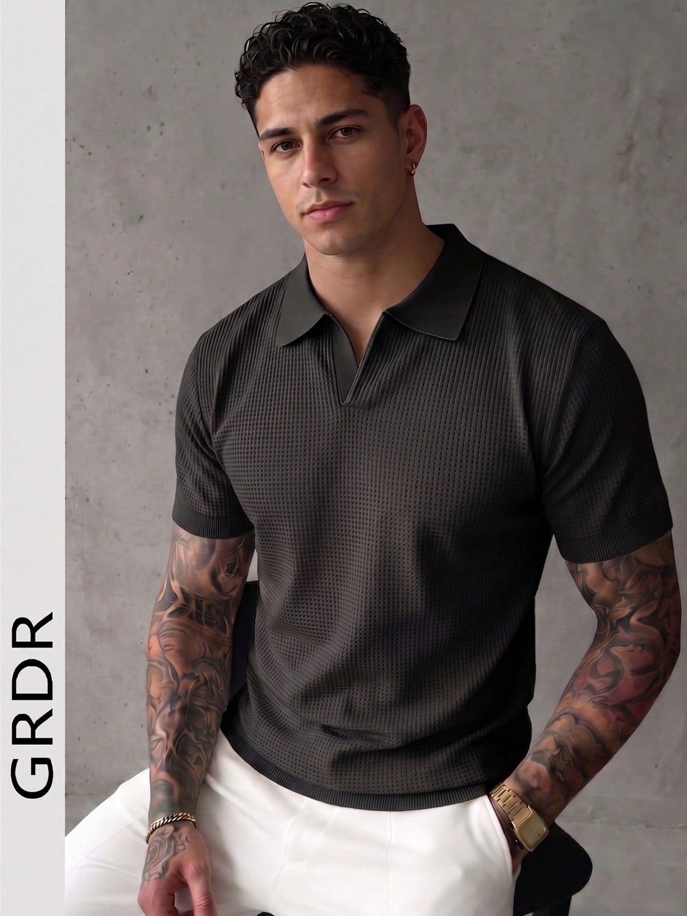 GRDR Men's Solid Color Waffle Knit Polo Shirt With Collar, Short Sleeve, Lightweight Casual Top