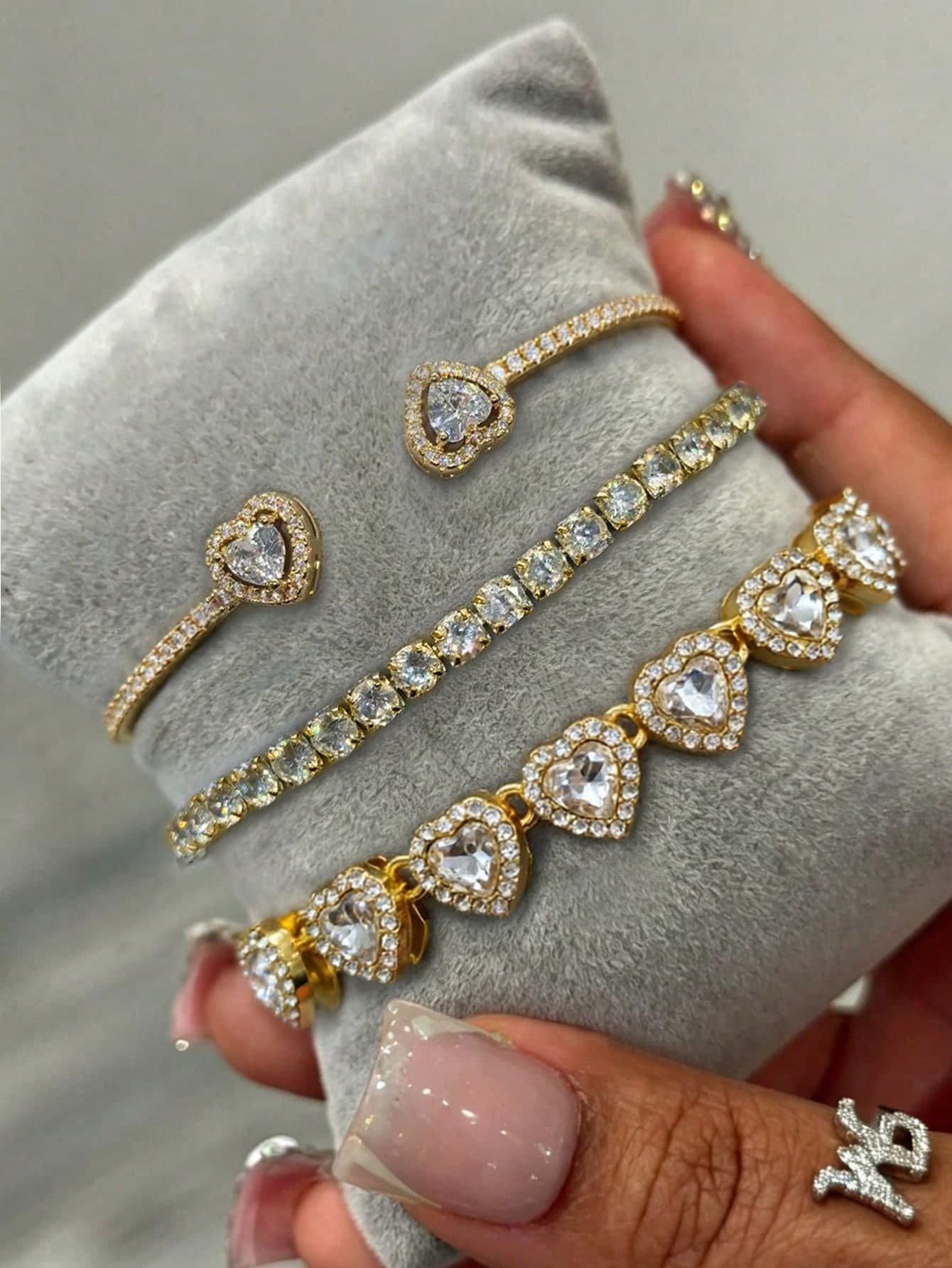 1/3pcs 14K Gold Plated Heart Shaped Copper Bracelet With Artificial Zirconia, Paired With Heart Alloy Bracelet Set, Fashionable Daily Wear & Gift For Women