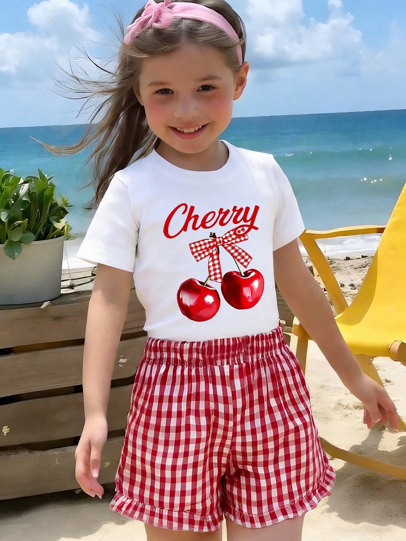 Cherry & Letter Print Round Neck T-Shirt + Red Plaid Shorts 2-Piece Set, Comfortable Summer Outfit For Teenage Girls