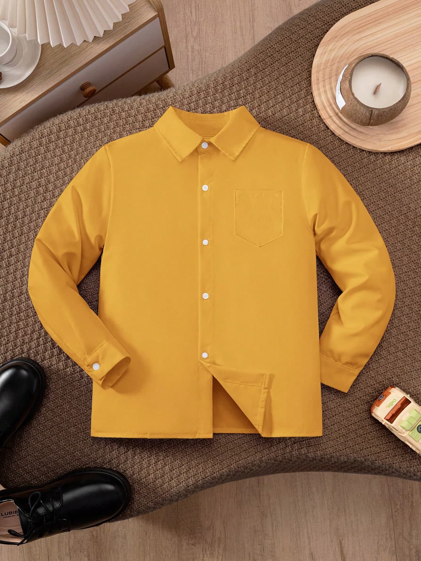 Boys Classic Preppy Yellow Patch Pocket Long Sleeve Shirt, Formal Dress Suitable For Casual Gatherings, Flower Boy And Various Formal Occasions