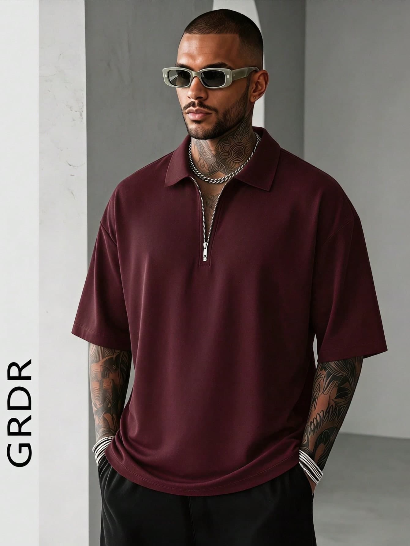GRDR Men's Summer Half-Zip Polo Shirt, Solid Color Classic Short Sleeve Suitable For Outdoor Casual Wear