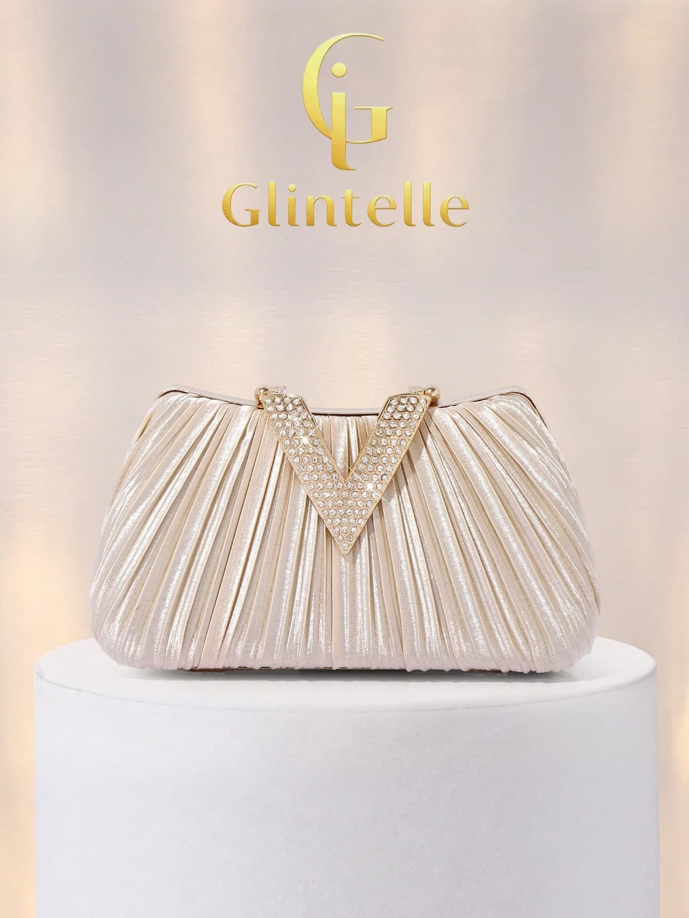 Glamor Vibe Women's Fashion Satin Pleated Box Clutch, Diamond Hardware Flap Design Handbag, Luxurious Exquisite Box Pleated Handbag, Suitable For Weddings, Celebrations, Formal Occasions, Party Clutch/Shoulder Bag, High Quality Apricot Pleated Evening Chain Shoulder/Crossbody Bag