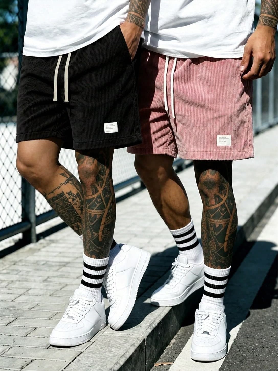 2pcs Lightweight Corduroy Casual Shorts, Drawstring Elastic Waistband Label Decor Knee Length Shorts Set