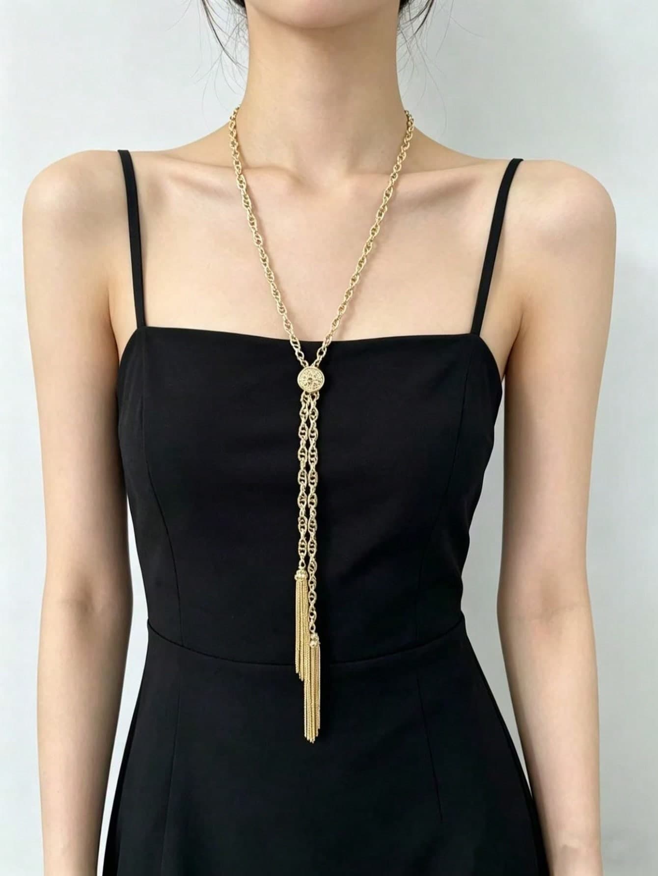 Gold Tassel Lariat Necklace, Long Y-Shaped Chain With Ornate Disc & Fringe Pendant, Elegant Statement Necklace For Women