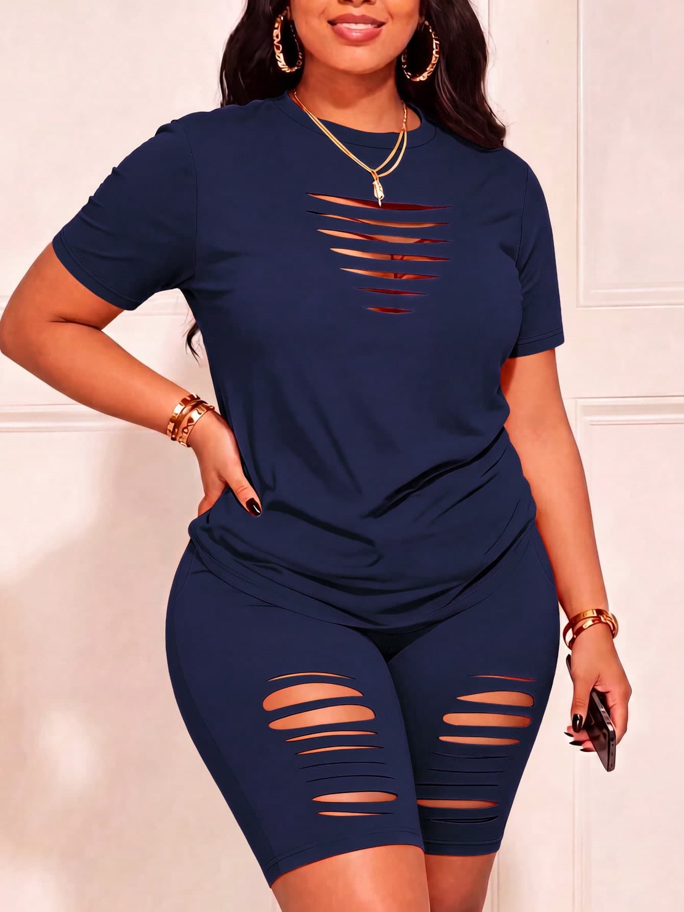Plus Size Women's Sexy Hollow Out T-Shirt And Shorts Set For Summer Elegant