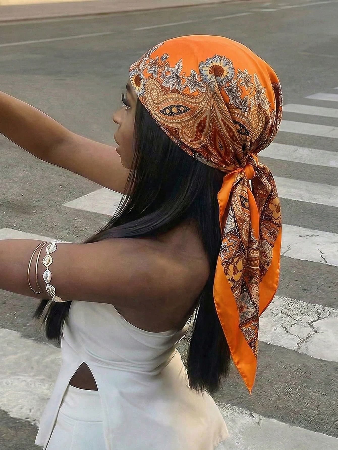 1pc Orange Minimalist Printed Satin Square Scarf, Spring New Fashion Women's Hair Accessory Scarf, Can Be Used As Belt, Ribbon, Headband Or Headscarf