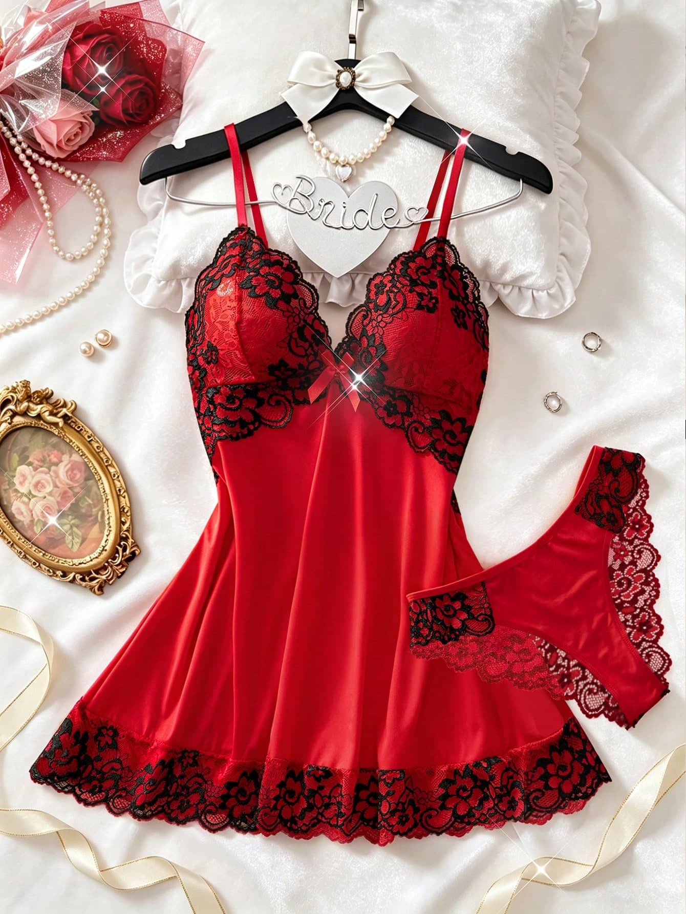 2pcs Contrast Color Floral Lace Nightgown Set, V-Neck Semi-Sheer Bow Nightgown And Panty, Elegant Sleepwear And Loungewear For Women
