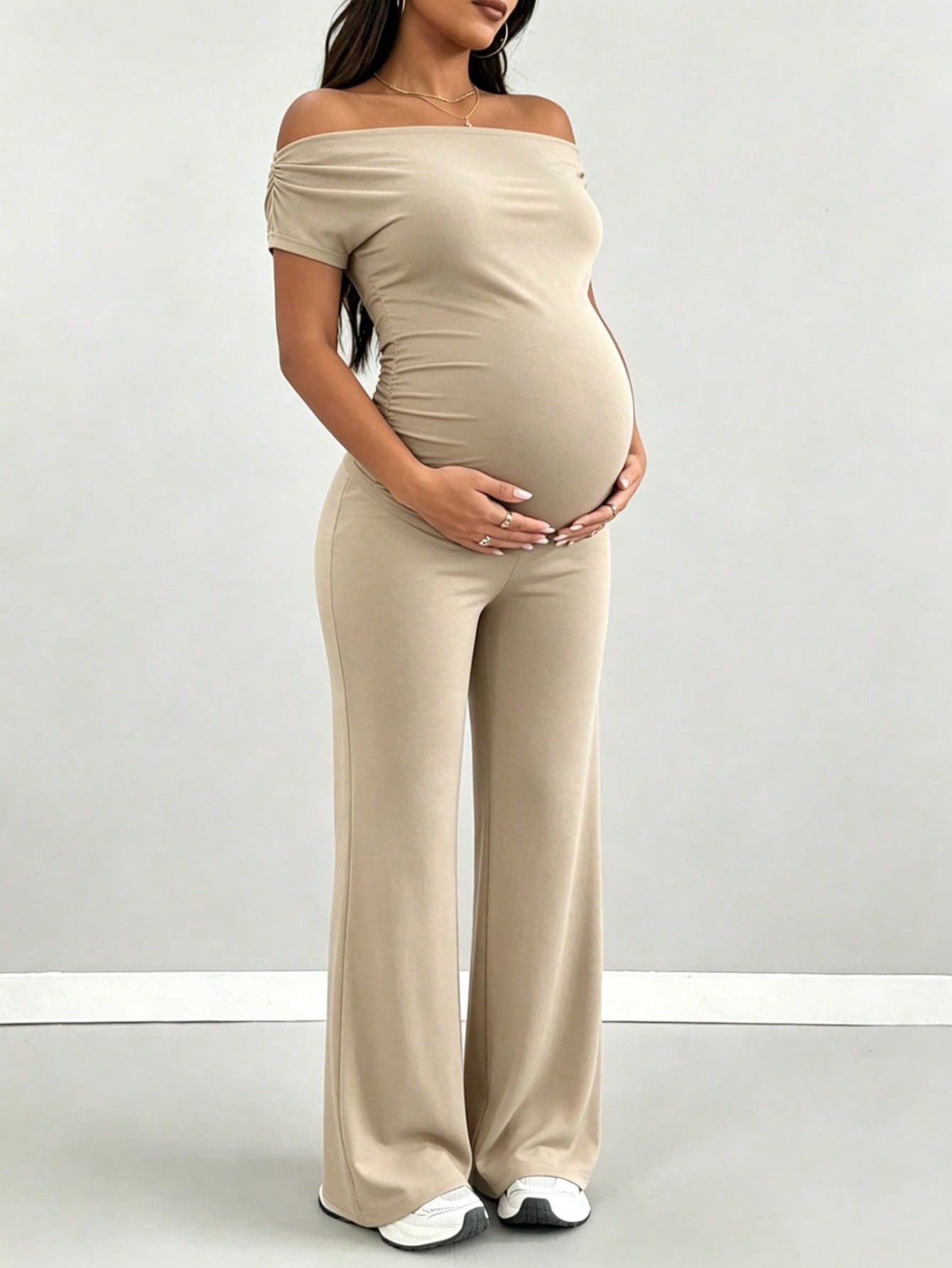 2pcs Maternity Set - Flared Pants & Casual Crop Top, Minimalist Elegant Gray Summer