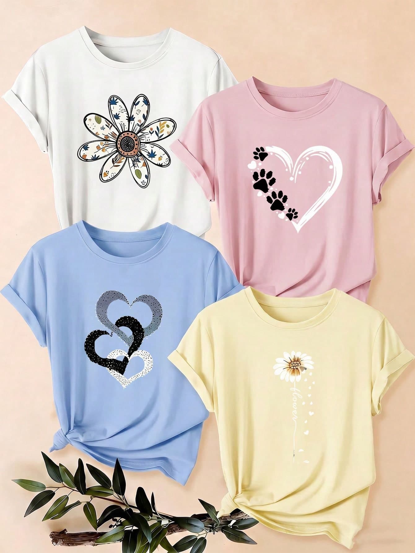 4pcs Women's Casual Short Sleeve Round Neck T-Shirts - Printed Pattern, Comfortable Soft Fabric, Machine Washable, Summer Tops