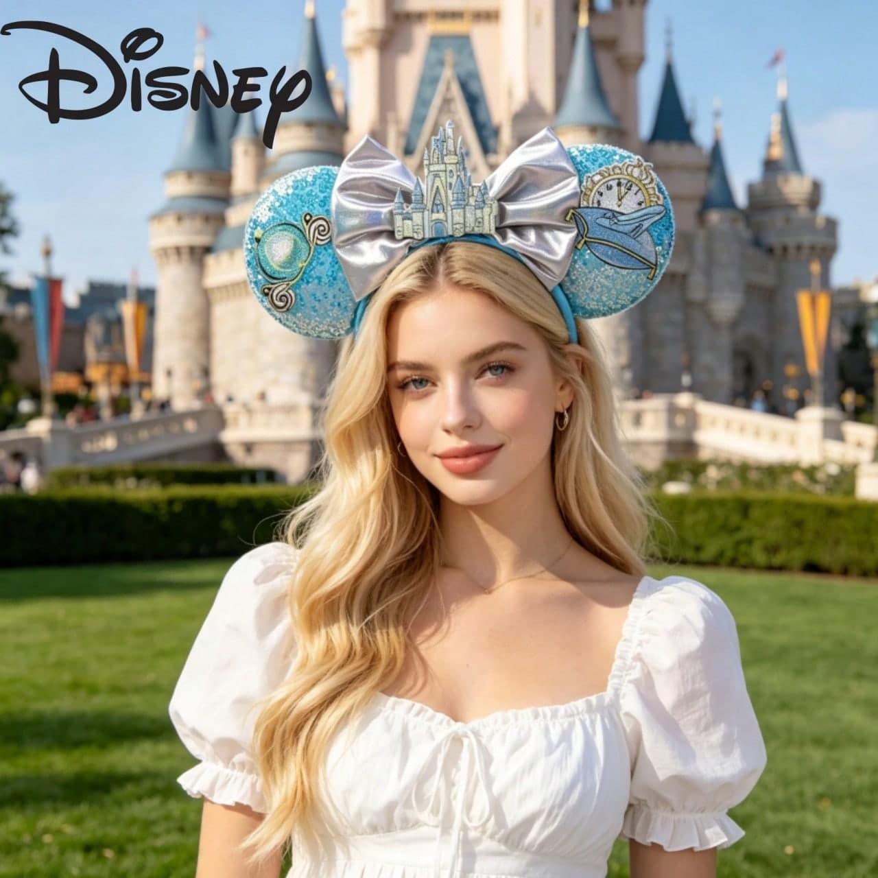 Disney Mickey Mouse Ears Headband, Blue Fantasy Castle, High-Quality Photo Prop, Versatile, Suitable For Theme Park, Party, Daily Wear, Birthday, Holiday, Decorative Hair Accessory, Birthday Party Supplies, Signing-In Essential, Cute Fairy Tale Style Accessory