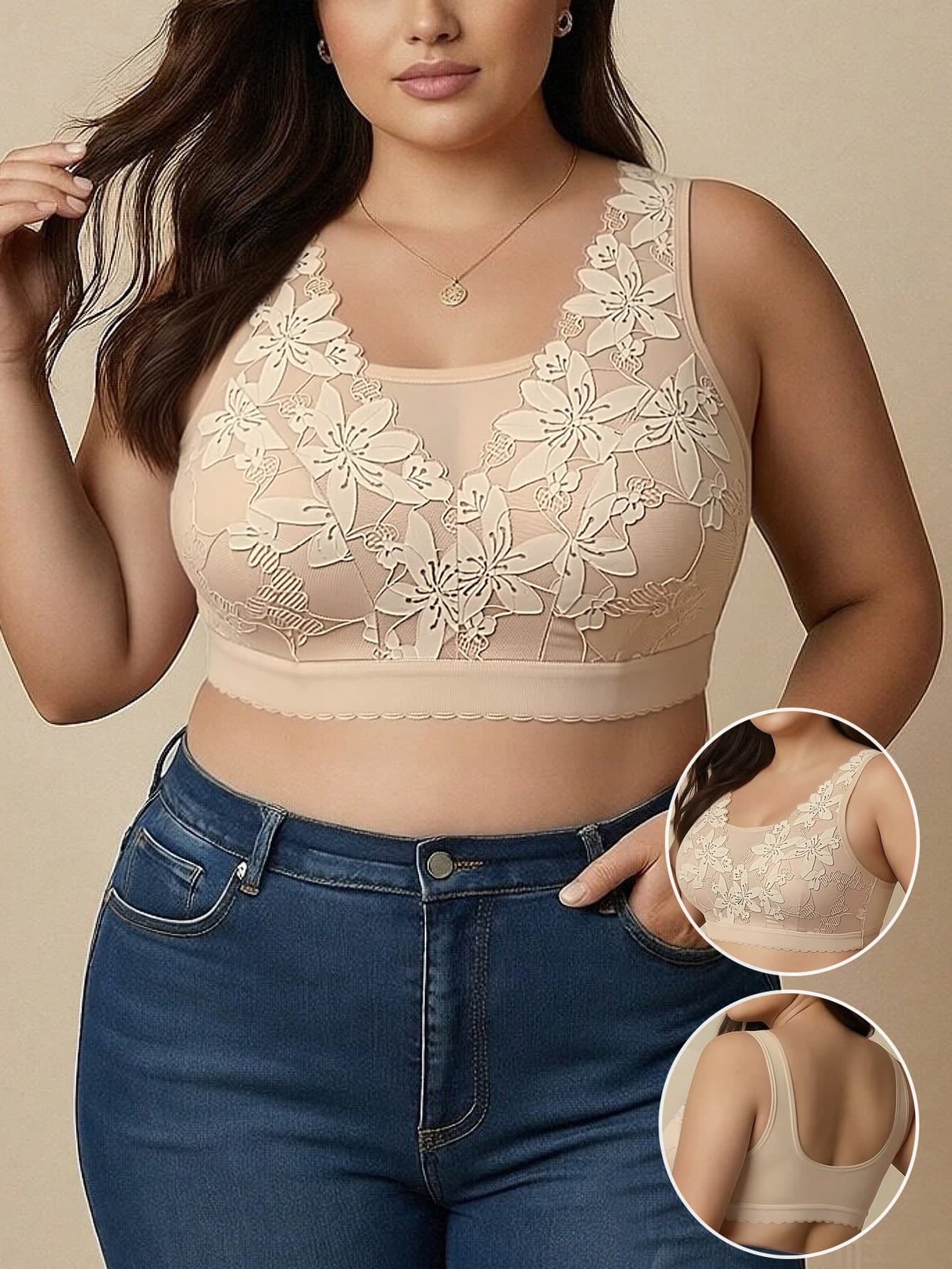 Plus Size Apricot Strapless Bra For Women, Thin Lace Mesh Wireless Lift & Gather Sexy Vacation Bra