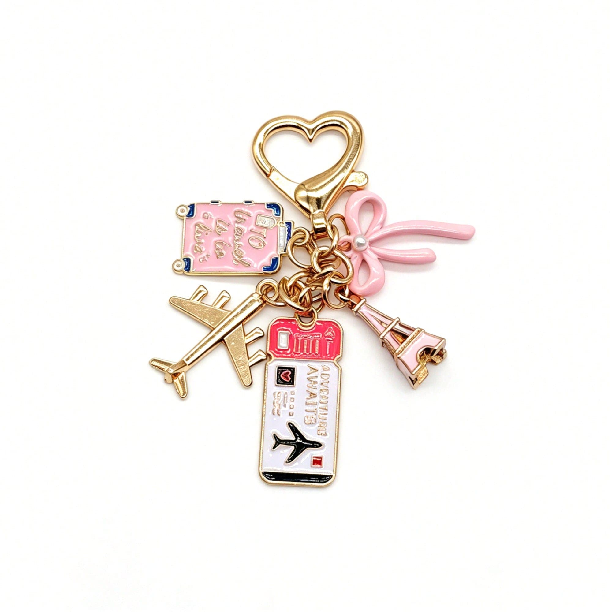 1pc Elegant Pink Bow Travel Heart Keychain Pendant, Oil Drop Airplane, Luggage, Boarding Pass, Eiffel Tower DIY Decoration, Women's Bag Accessory, Suitcase Decoration, Shoulder Bag Accessory, Multi-Functional Bag Charm, Car Decoration, Cute Gothic Y2K Style, Holiday Gift