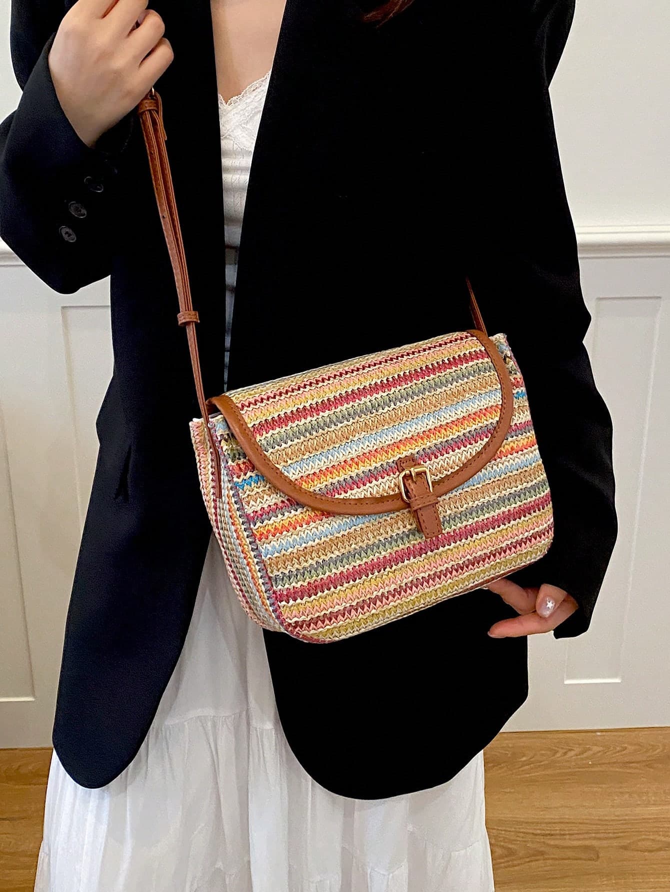 New Fashion Straw Woven Bag, Shoulder Crossbody Bag, Women's Versatile Elegant Straw Saddle Bag
