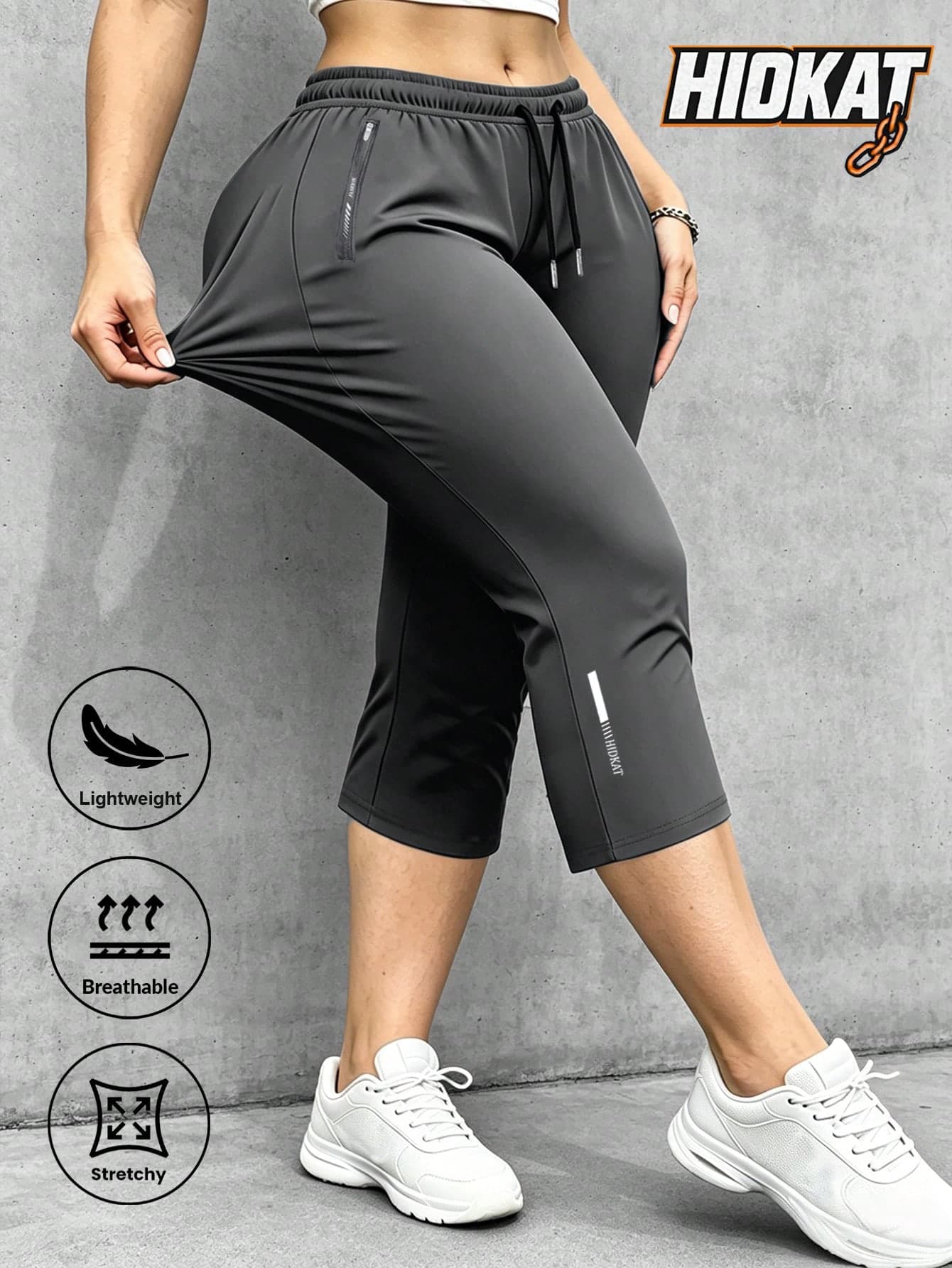 Hidkat Women's Summer Capris, Solid Color, Lightweight, Thin, High Elasticity, Drawstring, Zipper Pockets, Daily, Sports, Fitness, Yoga