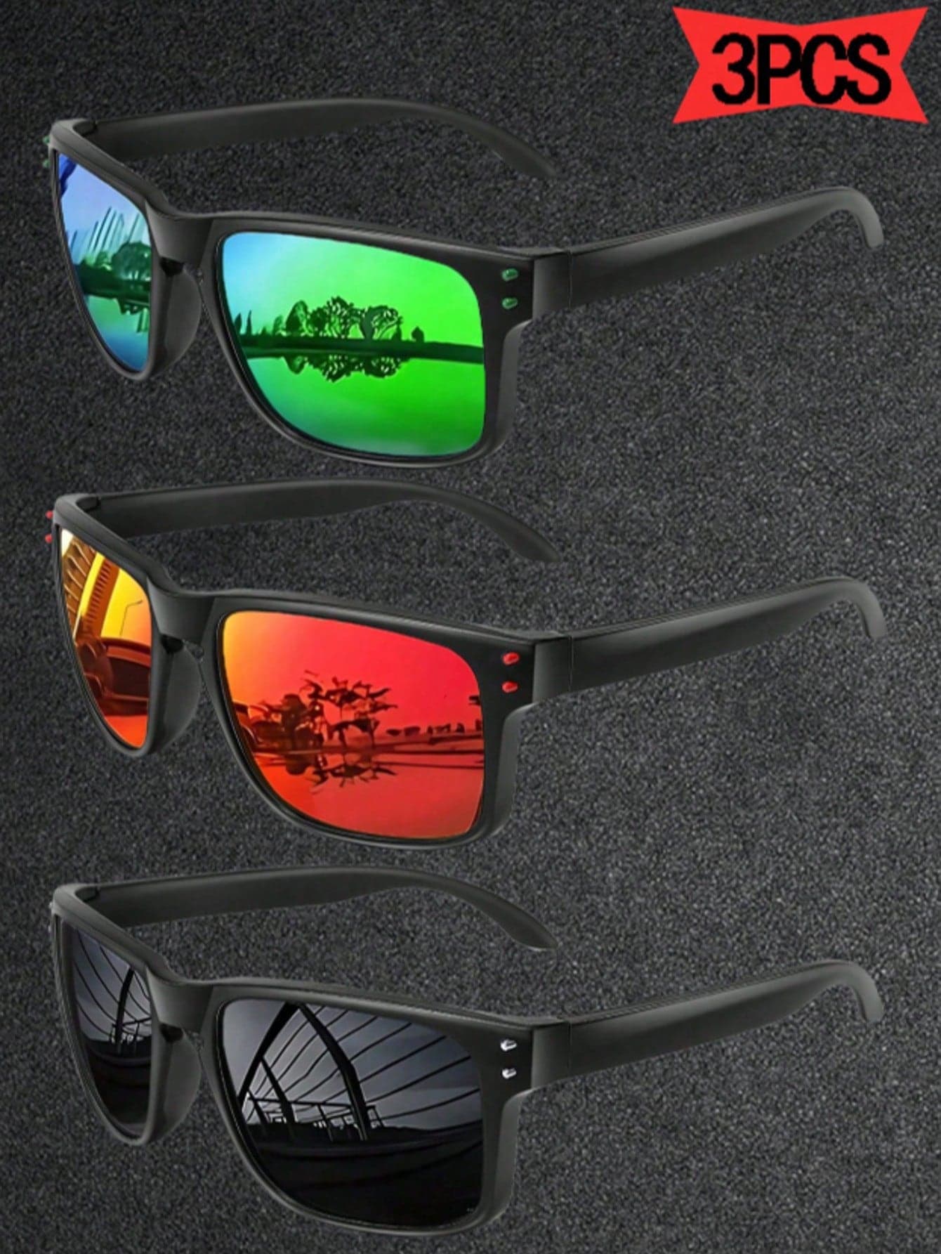 3pcs/Set Sports Fashion Glasses, Retro Square Frame For Driving And Fishing, Ice Blue Mirrored Lenses