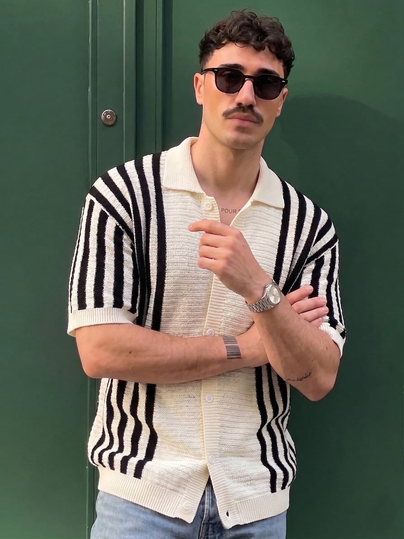Men's Knitted Polo Cardigan, Turn-Down Collar Short Sleeve Loose Fit Drop Shoulder Contrast Color Vertical Stripe Hollow Texture Thin Knit Top, Spring/Summer Streetwear Commute Knit T-Shirt
