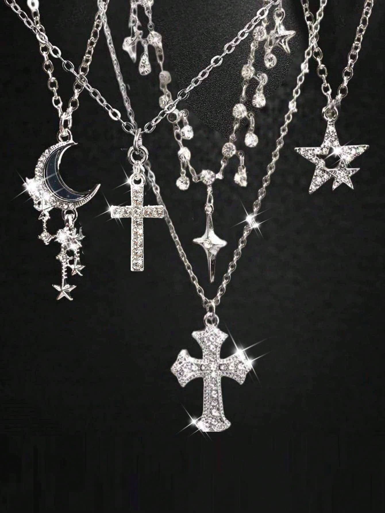 5pcs Vintage Gothic Style Rhinestone Moon Star Shooting Star Fashion Personalized Design Starburst Collarbone High-End Niche Sweet Cool Cross Tassel Necklace Women Star Heart Cross Necklace Set
