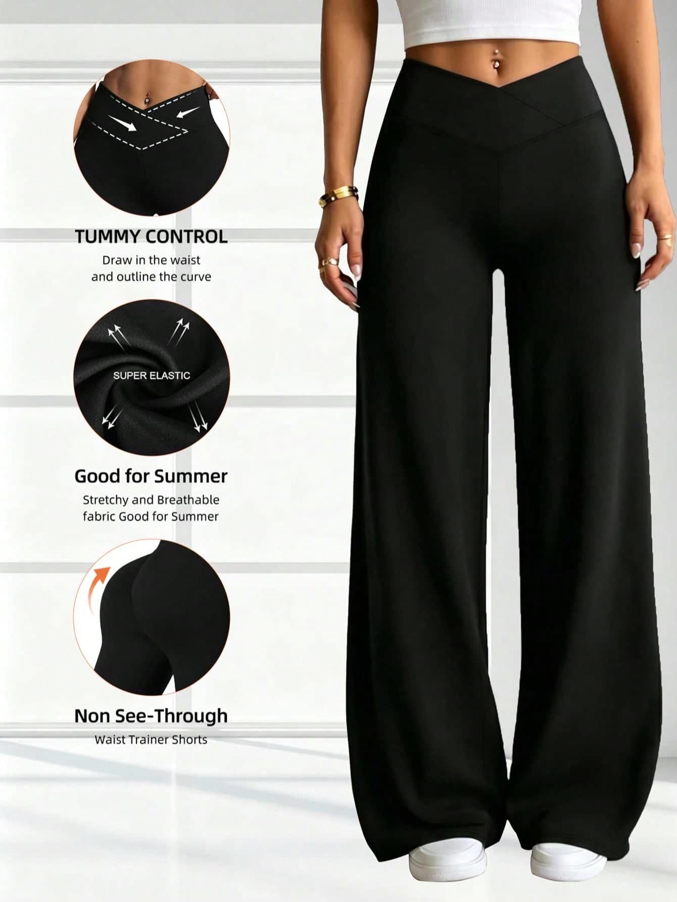 1pc Women's Criss-Cross Waist Straight Leg Pants, Elastic , All-Season Versatile, Casual Long Pants, Elegant High-Waist Casual Apparel Black