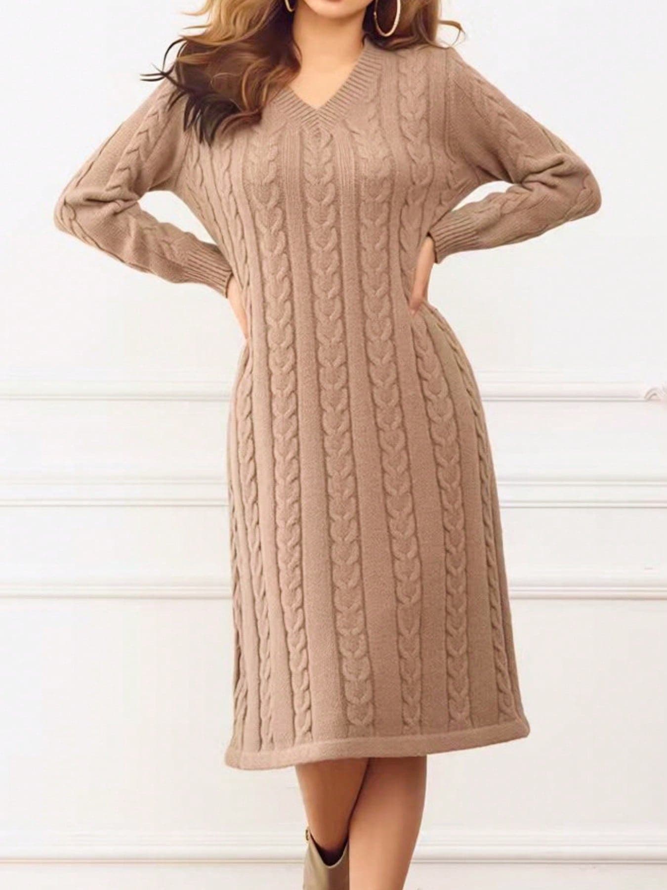 Women's Plus Size V-Neck Cable Knit Sweater Dress Elegant A-Line Long Sleeve Pullover Midi Dress With Textured Pattern For FallWinter Office Vacation