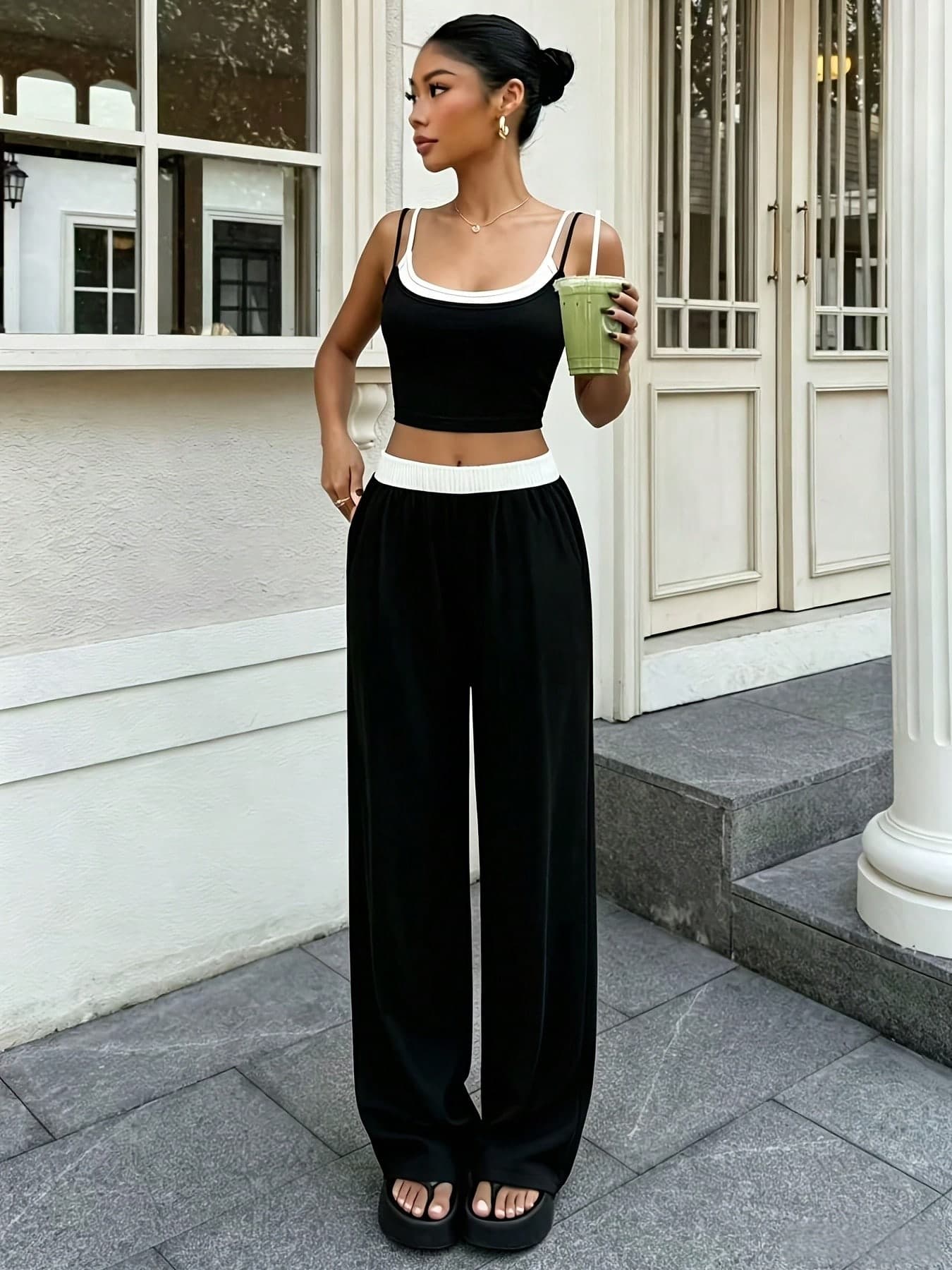 Teenager INS Style American Camisole Tank Top Set, Round Neck Tank Top With Wide Leg Pants 2 Pieces Set