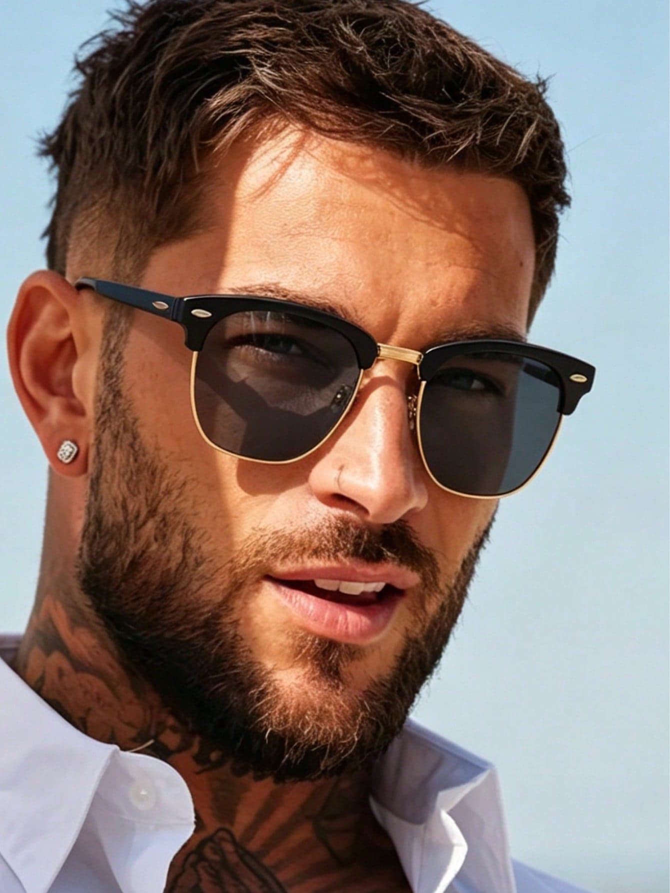 1 Pair Men's Mixed Material Half-Frame Browline Glasses, Metal Rivet Decor Dark Lenses Vintage Fashion, Suitable For Outdoor Travel Vacation