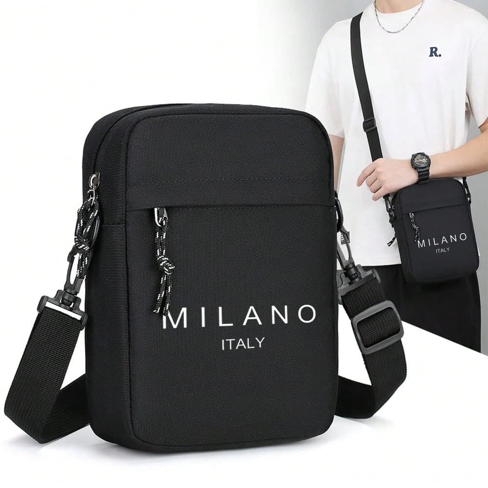 Men's Small Canvas Crossbody Bag With Front Zipper Pocket, Minimalist Milano Print Casual Shoulder Bag For Daily Travel