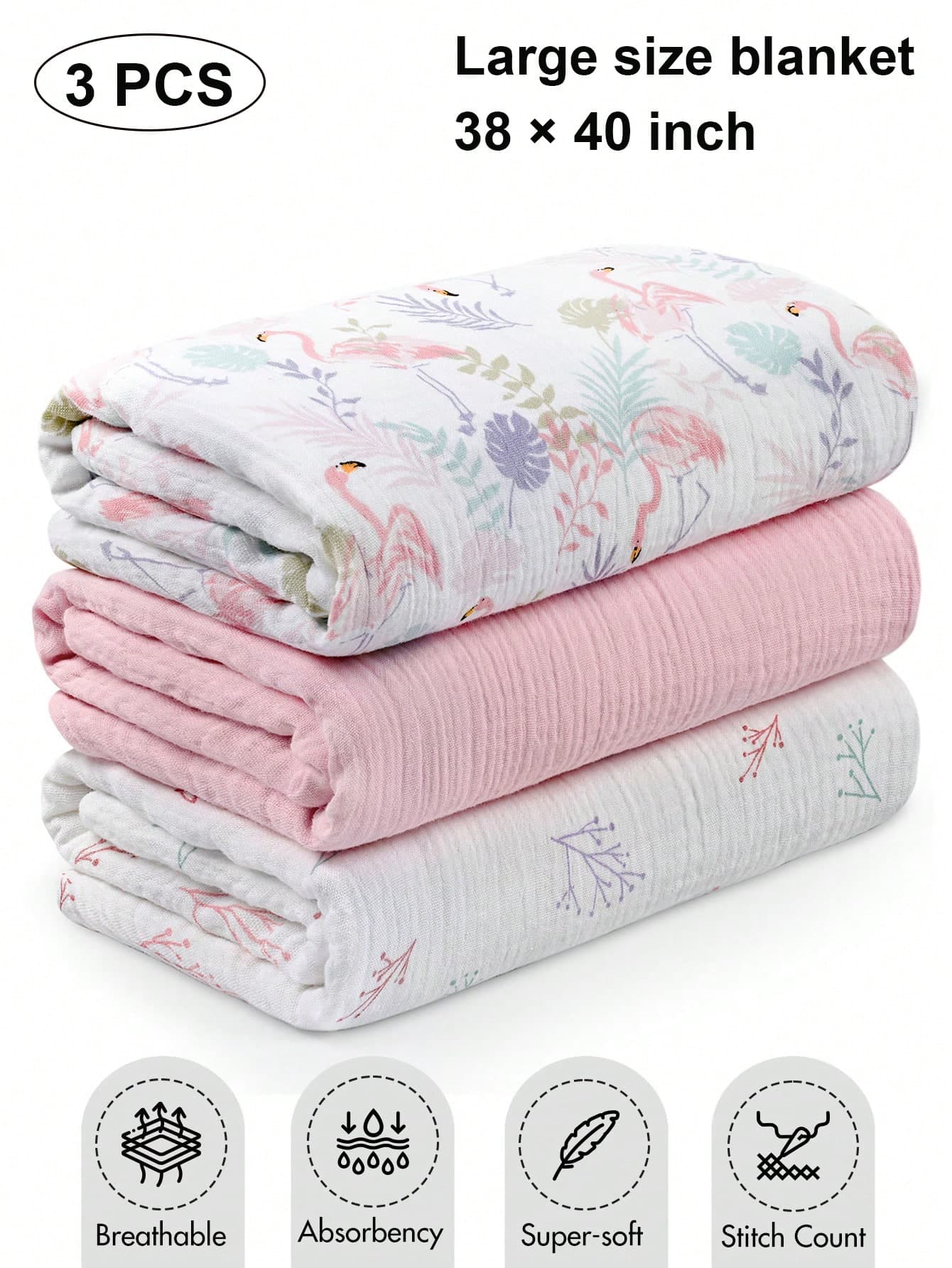3pcs Baby Gauze Blankets, Pure Cotton Breathable Soft Newborn Receiving Blankets, Large 38 X 40 Inches, Burp Cloths, Baby Shower Essentials