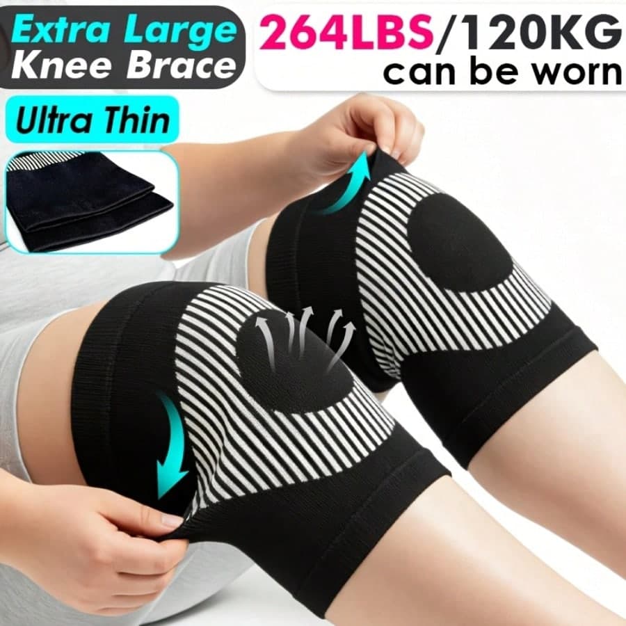 RPPR 2Pcs/ 1 Pair - Short Ultra Thin Extra Large Compression High Elasticity Knee Braces, Oversized Knee Sleeves For Running, Fitness, Daily Life, Plus- Size Knee Supoport For Men & Women, Black, Suitable For Weight Up To 264 Lbs/120kg