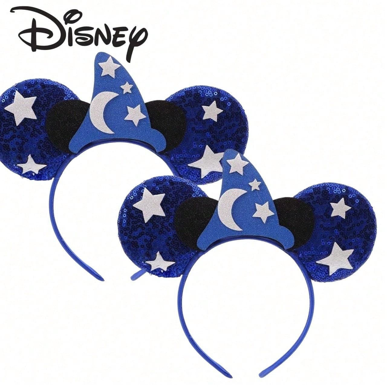 Disney Style Wizard Mickey Ears Headband, Blue Sequin Headband With Star And Moon Wizard Hat, Suitable For Theme Park And Party
