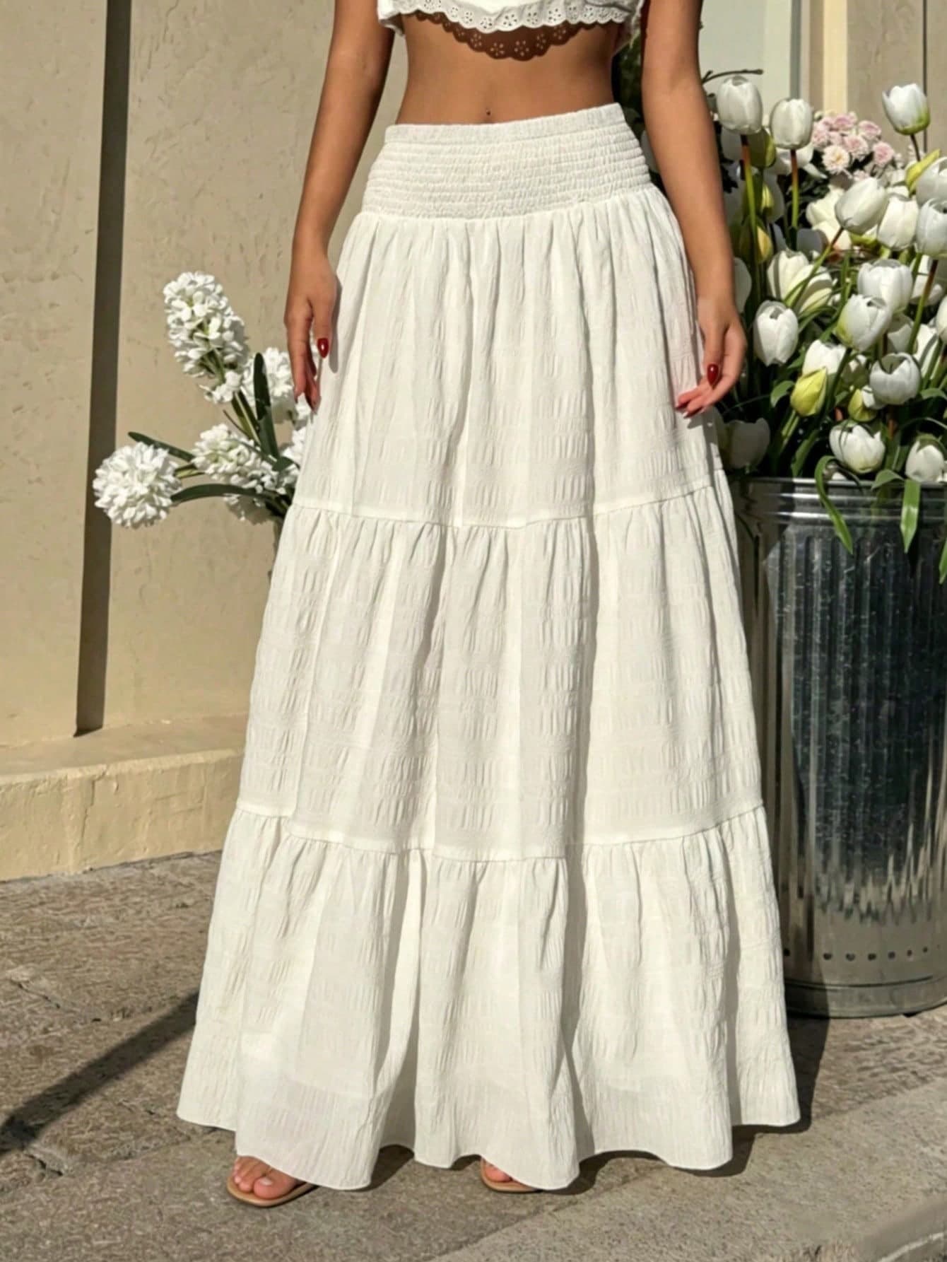 Women's Comfortable Elastic Waist Crinkle Linen Solid Color Layered Lightweight A-Line Skirt, Spring/Autumn White