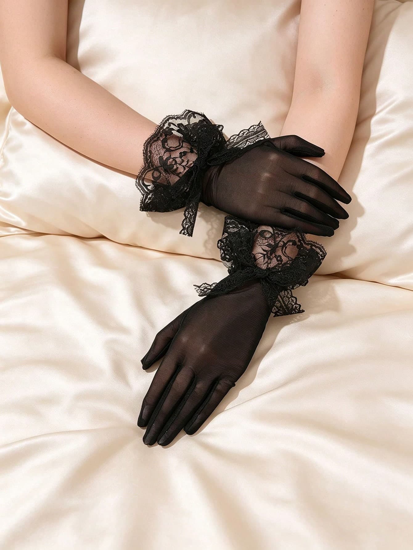 1 Pair Lace Bridal Gloves, Summer Lightweight Breathable Wedding Gloves, Women's Black Lace Gloves