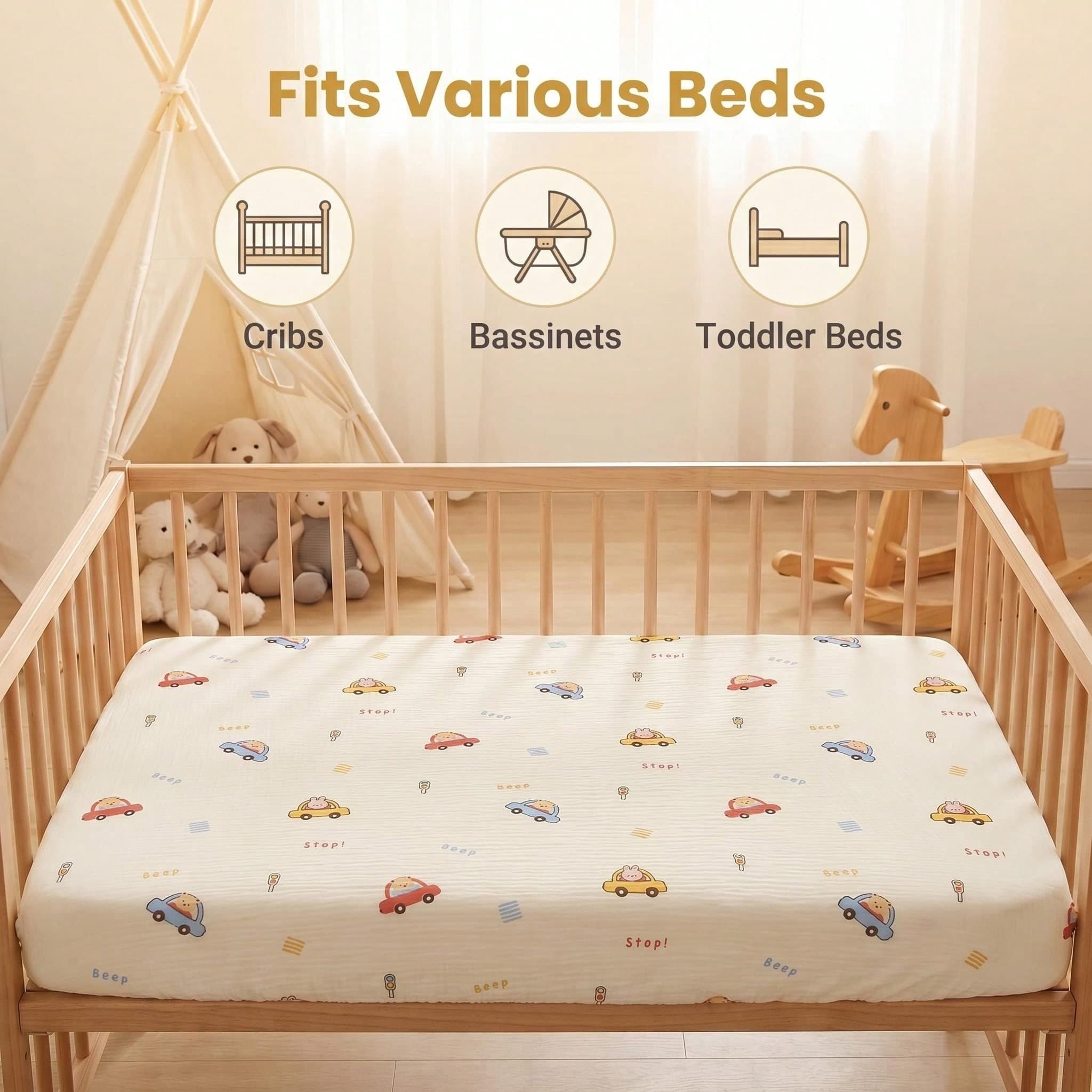 1pc Baby 100% Cotton Crinkle Fabric Fitted Sheet, Cute Pattern Breathable Moisture-Absorbing Bed Cover For Newborns, Children's Bed Sheet, Multiple Sizes Available, Animal, Colorful Car, Machine Washable